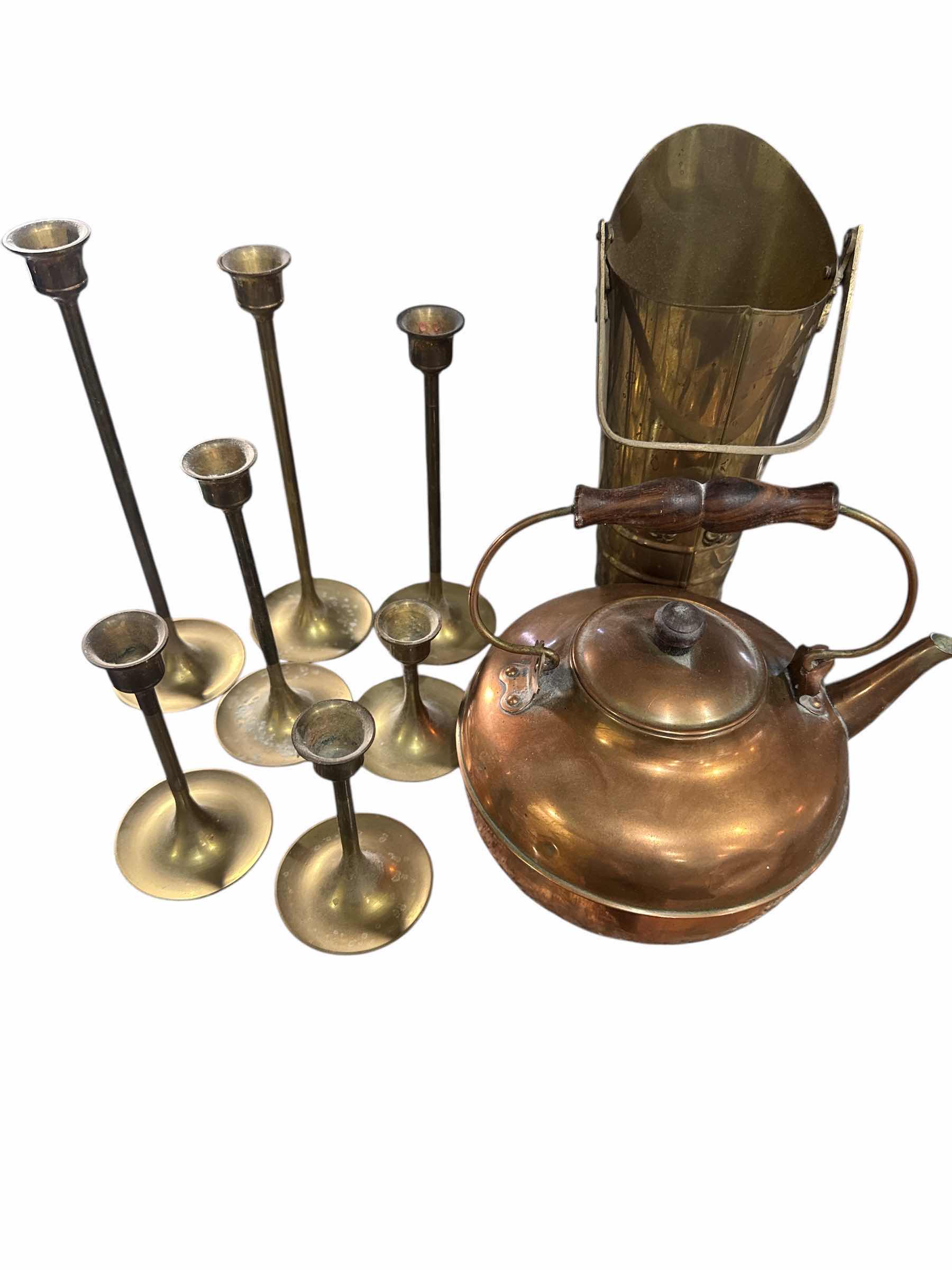 Photo 1 of COPPER KETTLE, BRASS MATCH HOLDER, CANDLESTICKS