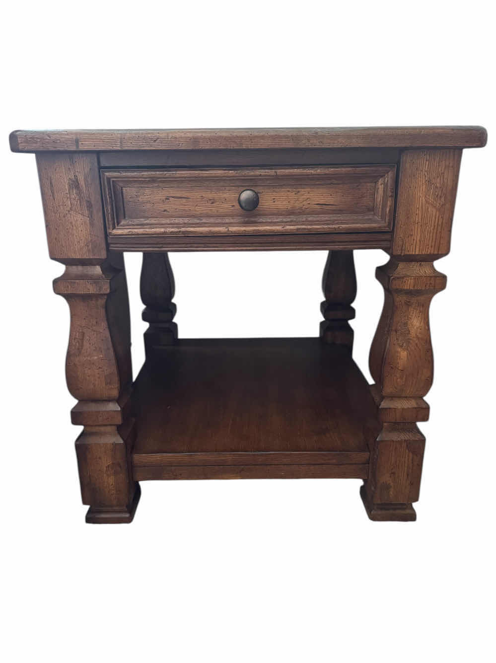 Photo 1 of 250
VINTAGE HEAVY WOOD END/SIDE TABLE EDDIE BAUER WITH DRAWER. 

25” X 28” X H26”