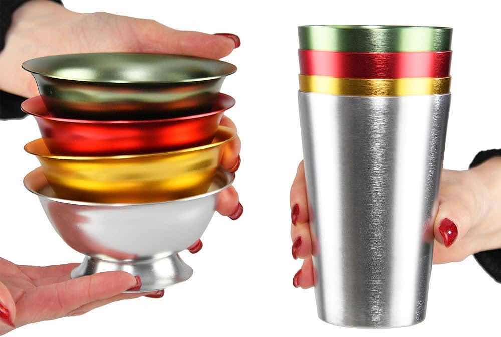 Photo 1 of NEW CASE HOME-X MULTI-COLOR ALUMINIUM BOWLS & TUMBLER SET OF 8 (PARTIAL BOX OF 10 SETS)