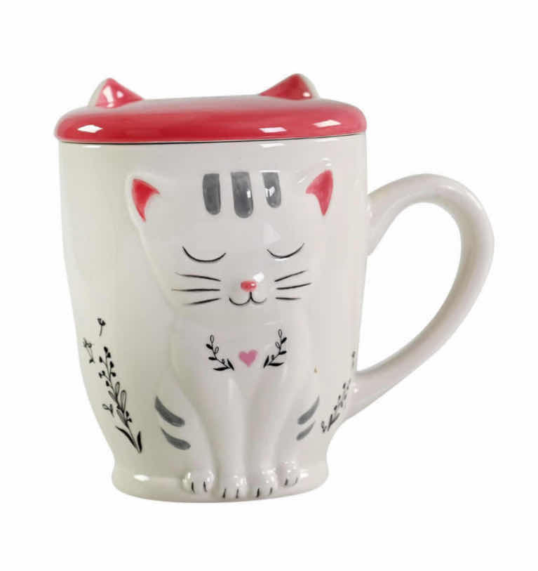 Photo 1 of NEW CASE OF HOME-X 3D WHITE/PINK CERAMIC CAT MUG W DETACHABLE LID, 16 OZ (18 PCS/CASE)