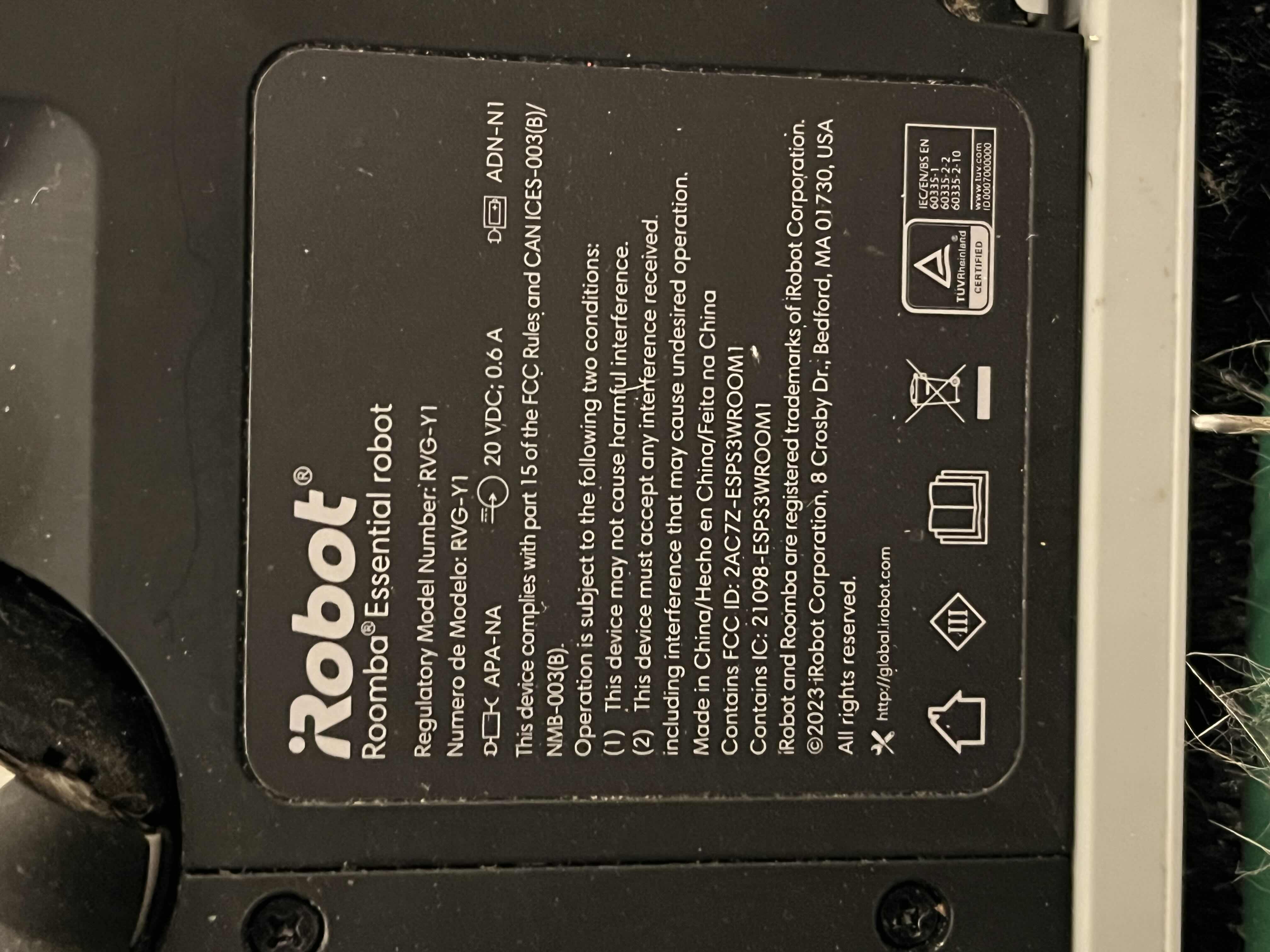 Photo 1 of iROBOT ESSENTIAL ROOMBA VACUUM CLEANER W CHARGER RVG-Y1