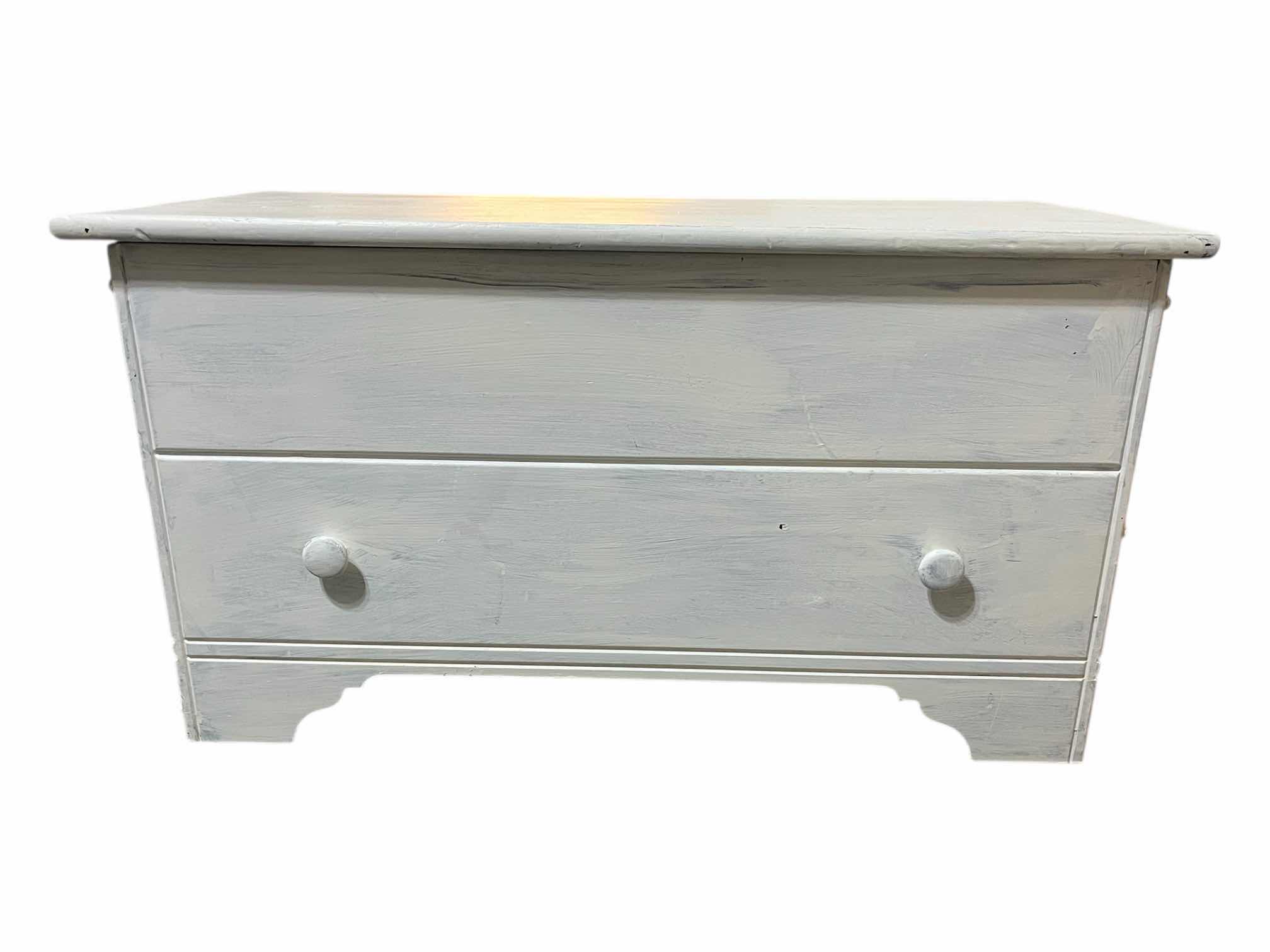 Photo 1 of FARMHOUSE STYLE WHITE DISTRESSED WOOD FALSE DRAWER LIFT TOP CHEST 34.5” X 18.5” H18”