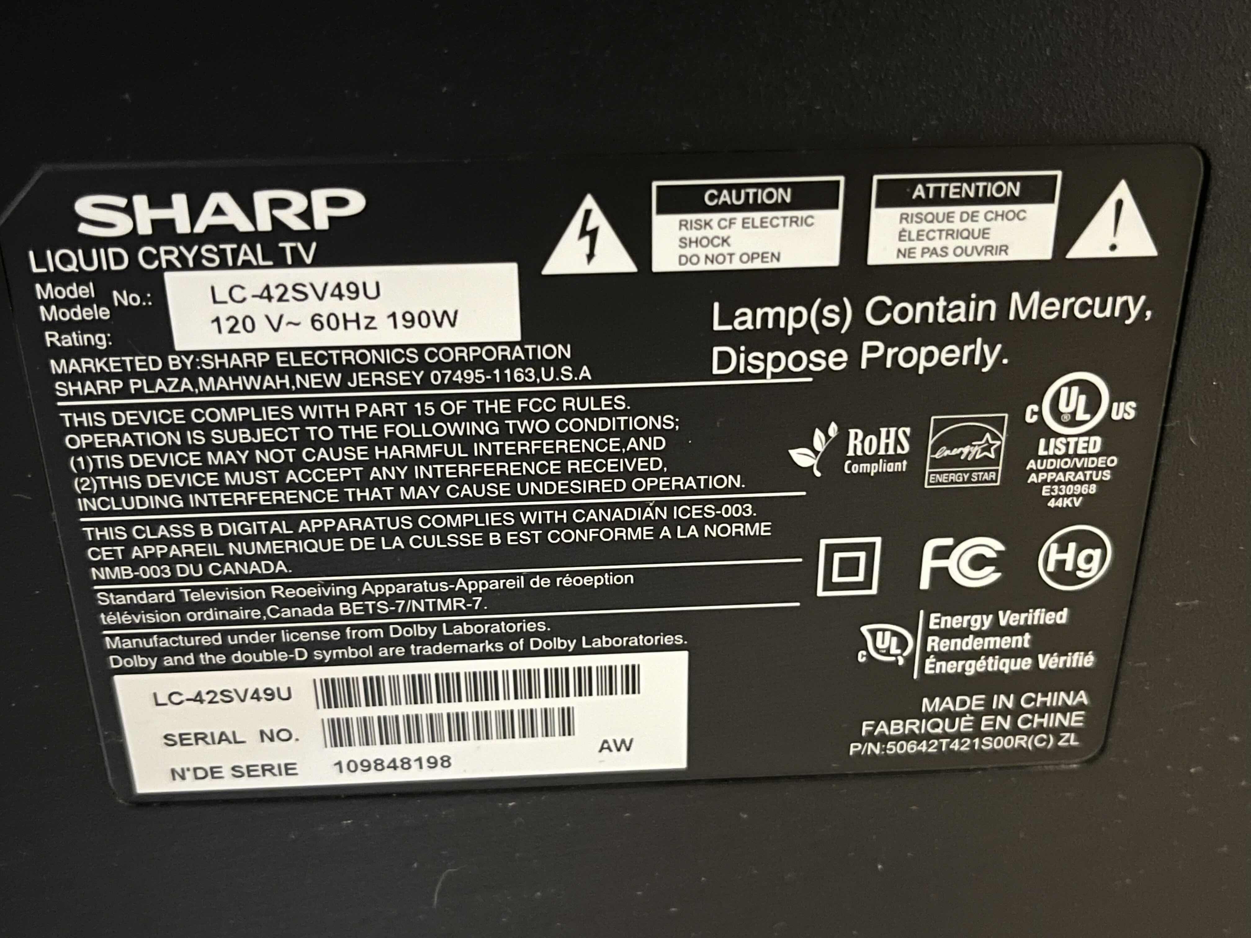 Photo 1 of SHARP 42” LIQUID CRYSTAL TV LC-425V49U