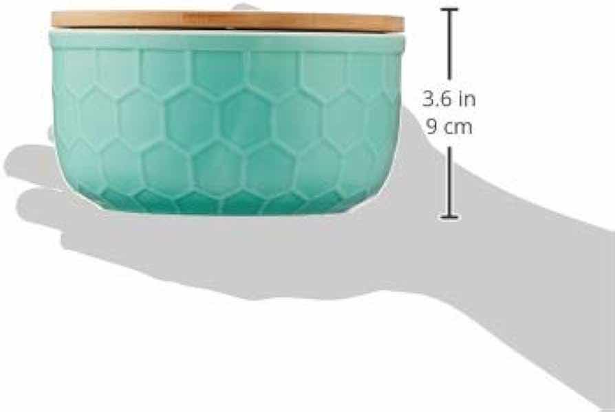 Photo 1 of BLOOMINGTON SET OF 3 ROUND MINT STONEWARE BOWLS W BAMBOO LIDS, MINT