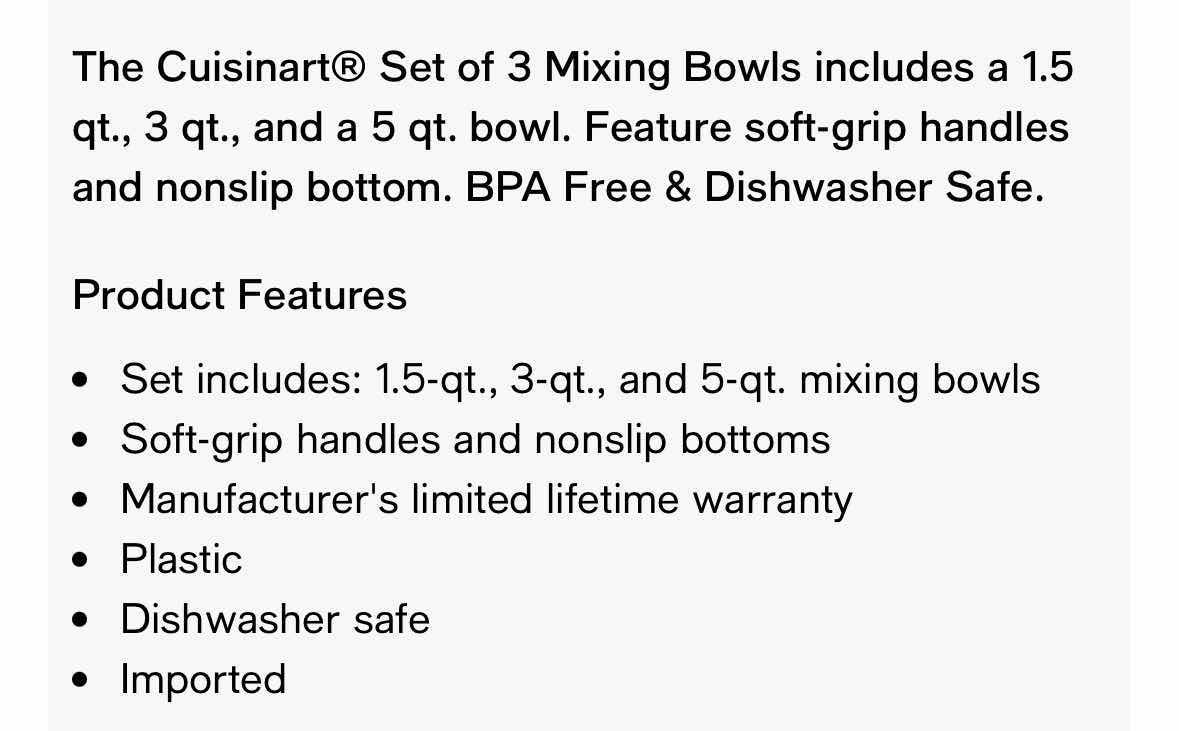 Photo 1 of CUISINART 3 PC POUR SPOUT MIXING BOWLS W NON-SLIP BOTTOM, WHITE $55