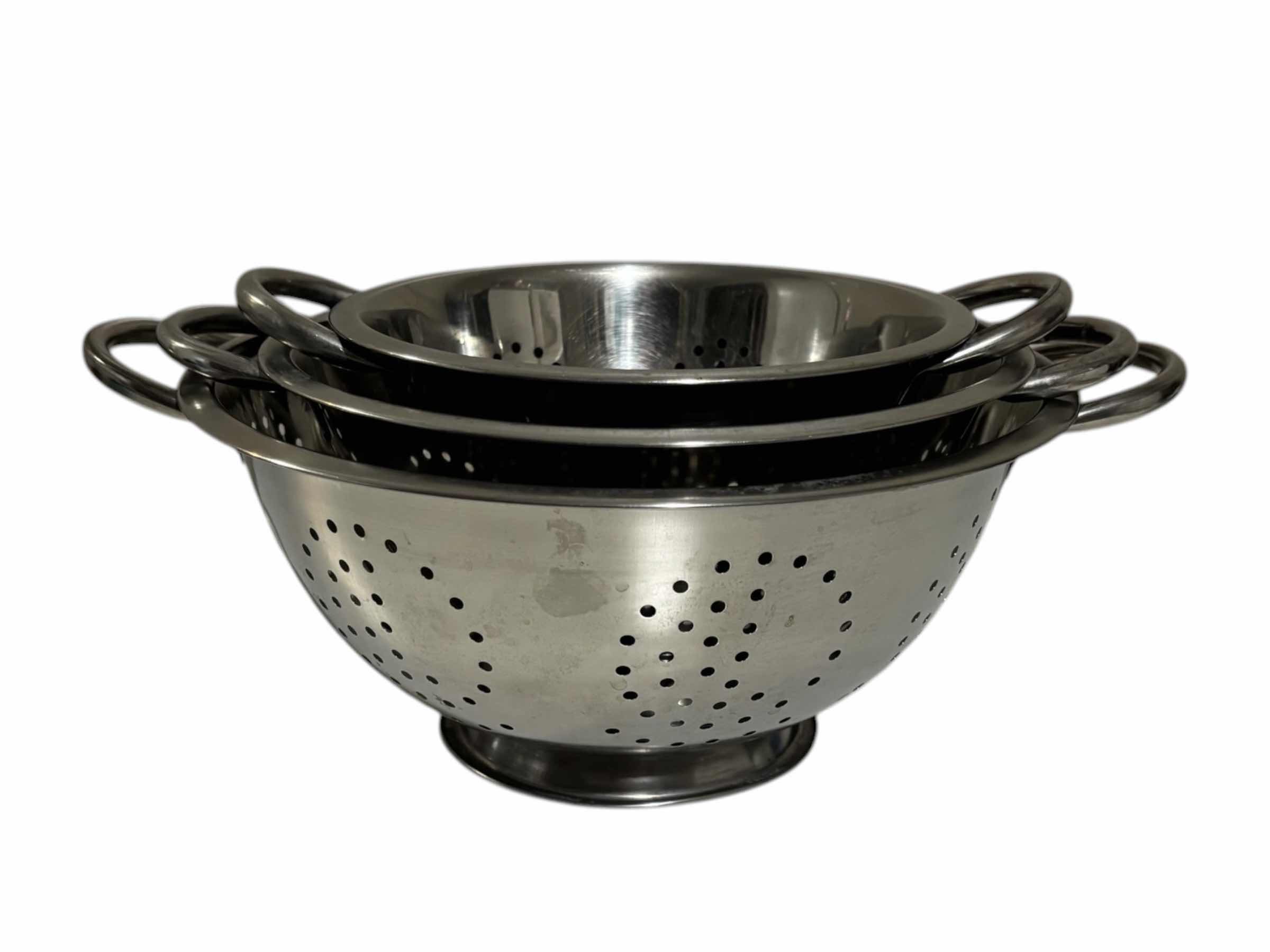 Photo 1 of 3 PACK STAINLESS STEEL COLANDERS W HANDLES- 5 QT, 3 QT & 1 QT $30