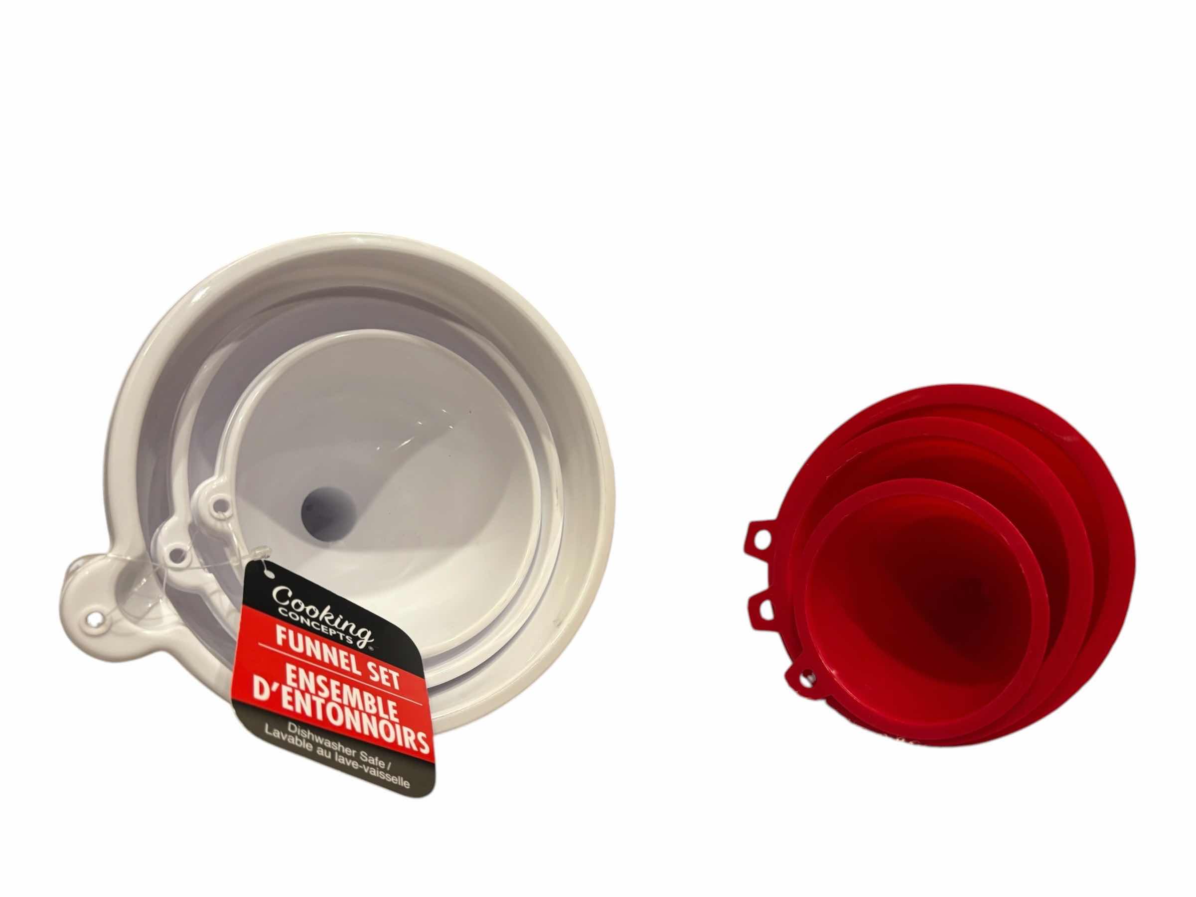 Photo 1 of HAND CRANK FLOUR SIFTER (3-CUP), FUNNEL W STRAINER & 2 SETS OF PLASTIC FUNNELS