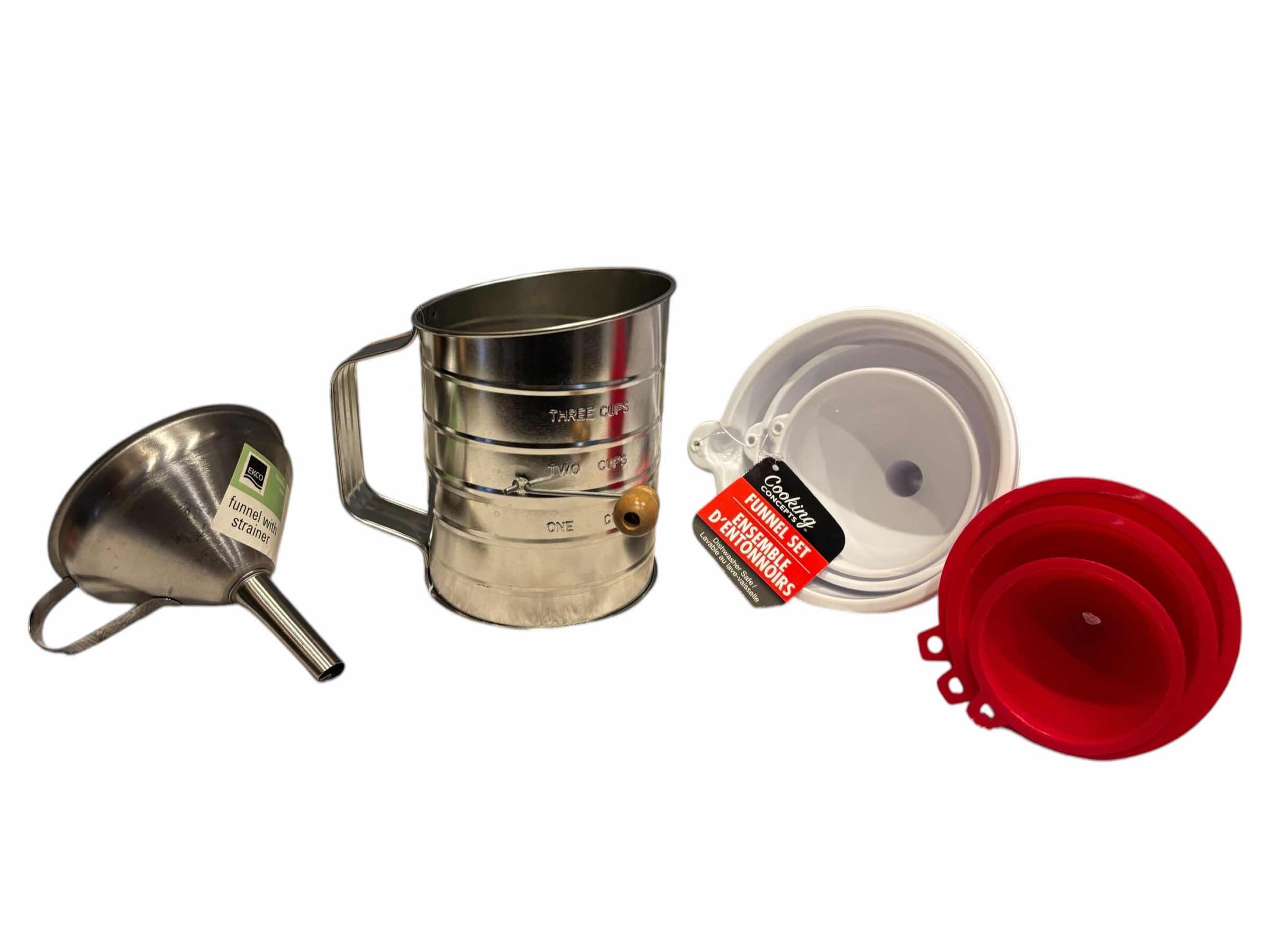 Photo 1 of HAND CRANK FLOUR SIFTER (3-CUP), FUNNEL W STRAINER & 2 SETS OF PLASTIC FUNNELS