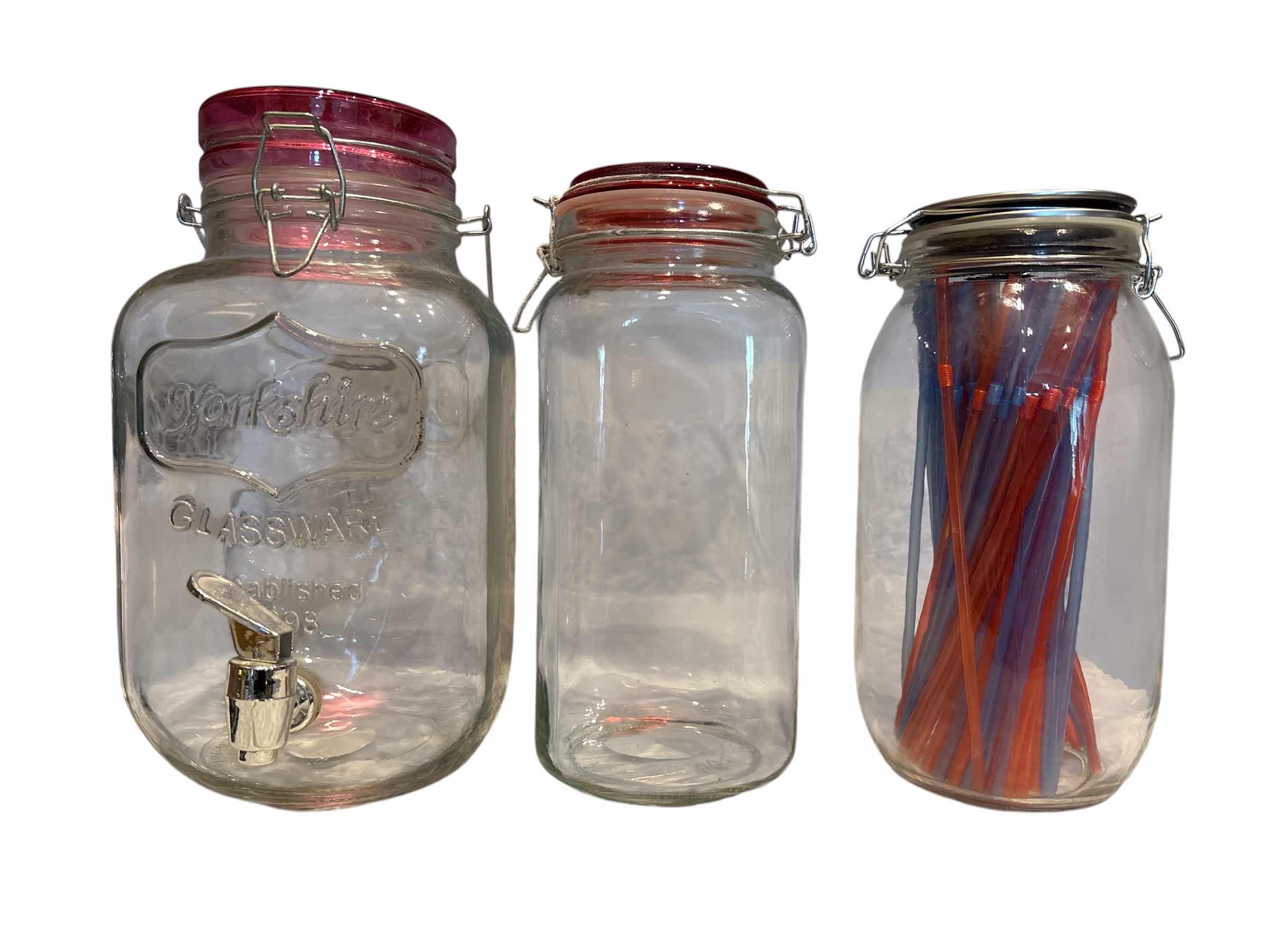 Photo 1 of GLASS DRINK WARE DISPENSER AND (2) LIDDED STORAGE MASON JARS H12”