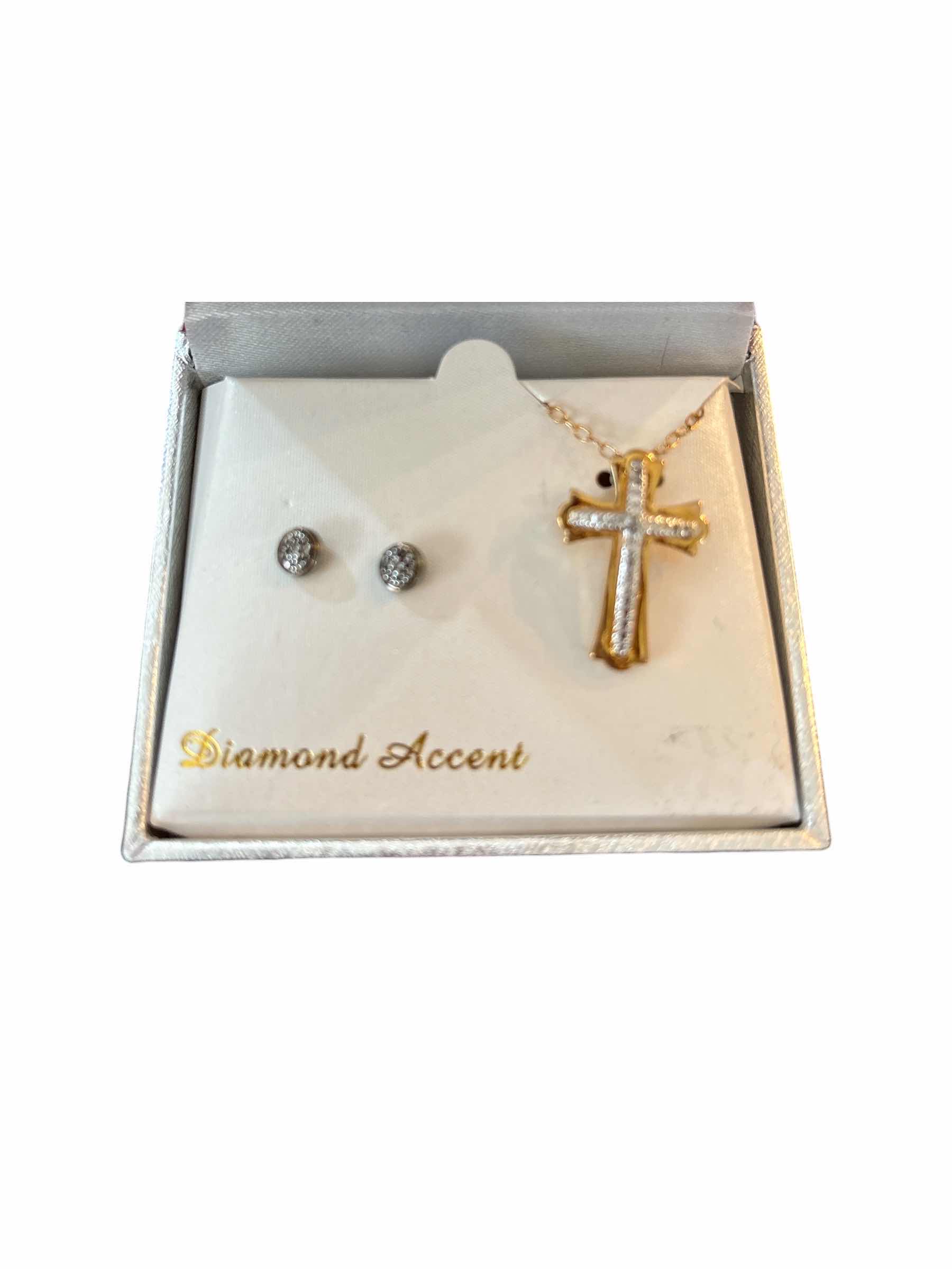 Photo 1 of DIAMOND ACCENT 18KT BRASS CROSS & EARRINGS