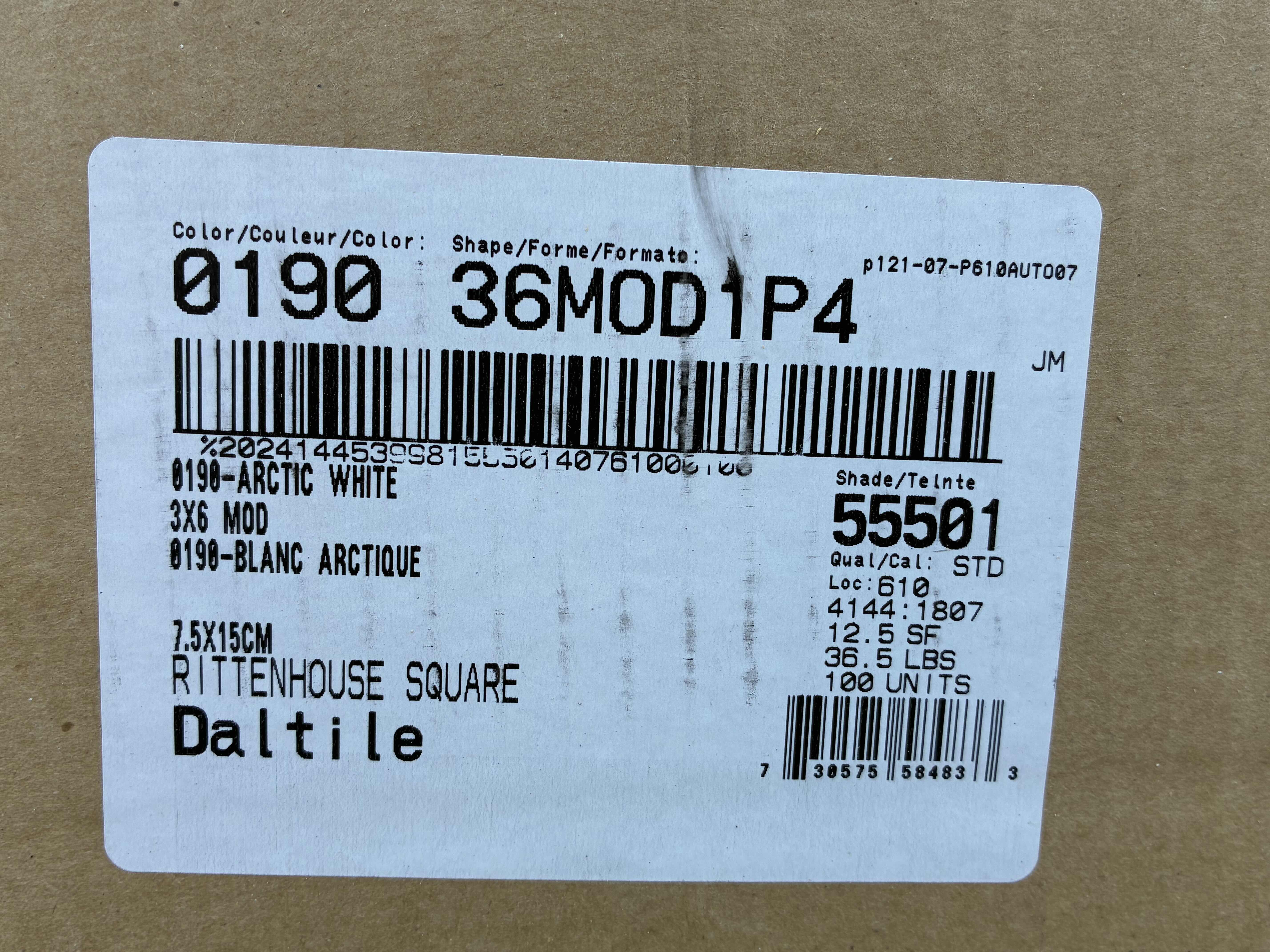 Photo 1 of DALTILE RITTENHOUSE SQUARE ARCTIC WHITE FINISH TILE 3” X 6” (12.5SQFT PER CASE/30 CASES) READ NOTES