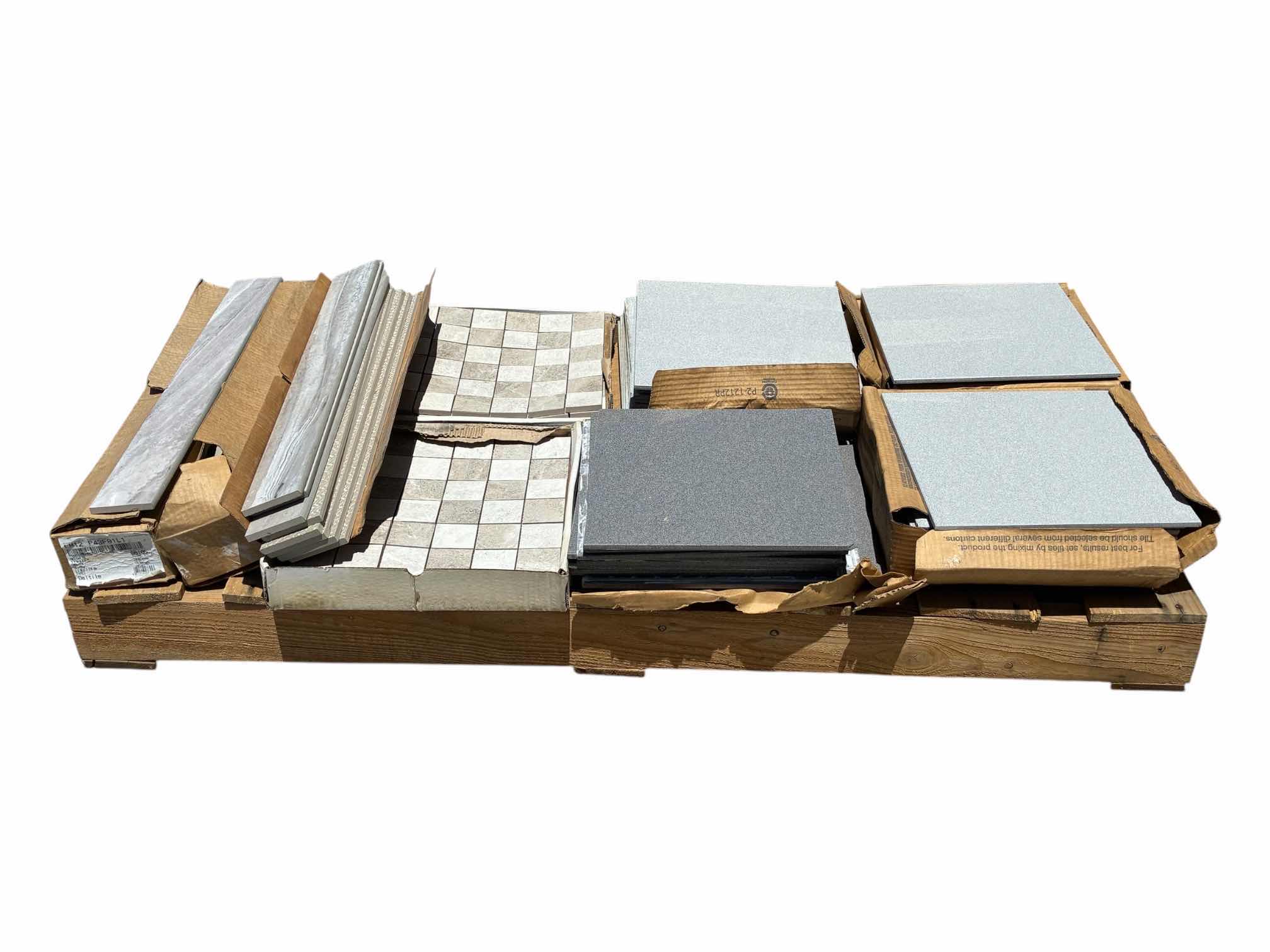 Photo 1 of MIXED STONE FINISH TILE PALLET-SQUARE TILE & MOSAIC TILE W FLOOR BASE TILE (APPROX 7 CASES TOTAL) READ NOTES
