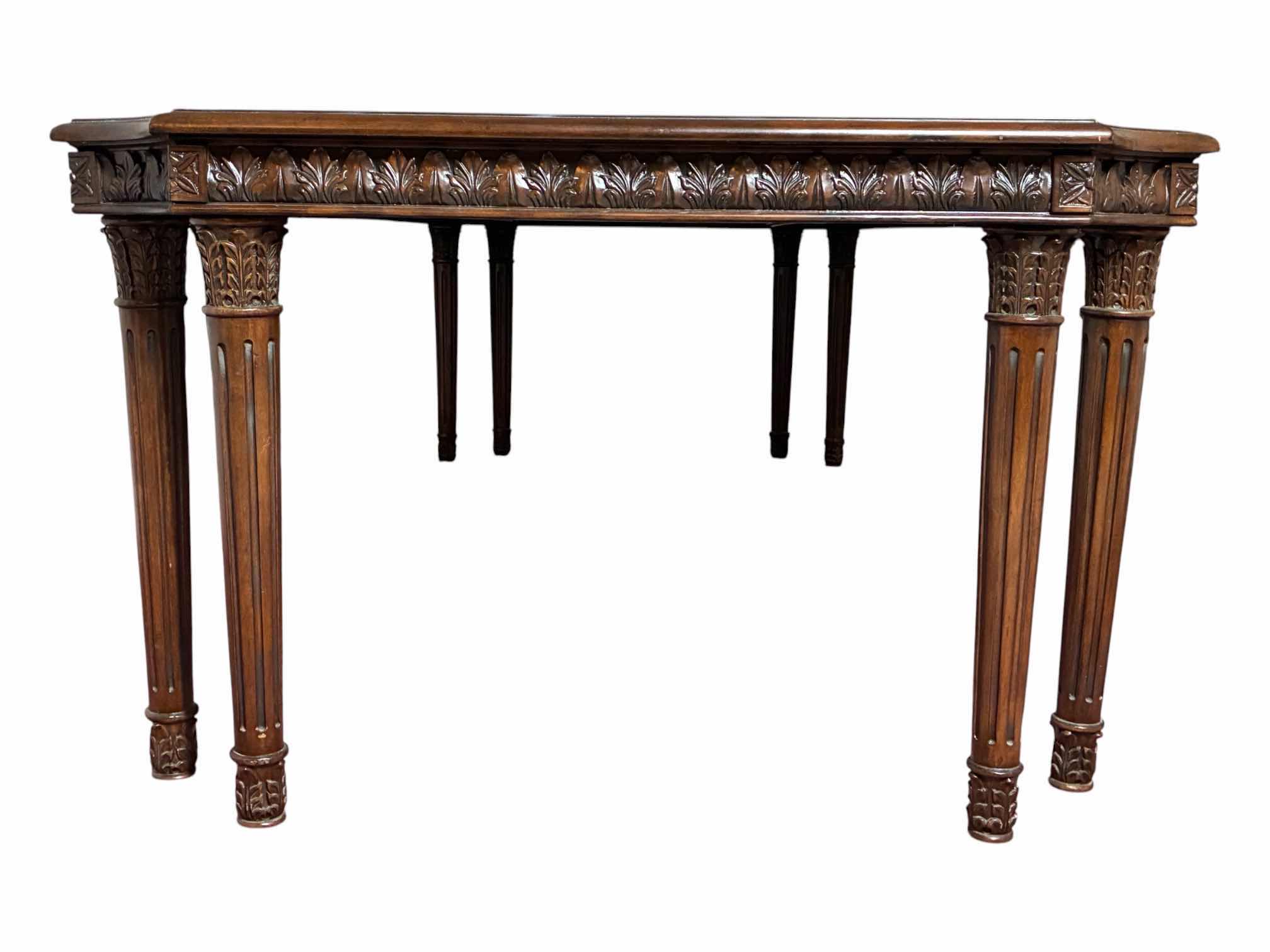View 3 of MID-CENTURY 10’ CARVED MAHOGANY 8-LEG DINING ROOM TABLE W LEAF EXTENSION (READ NOTES)