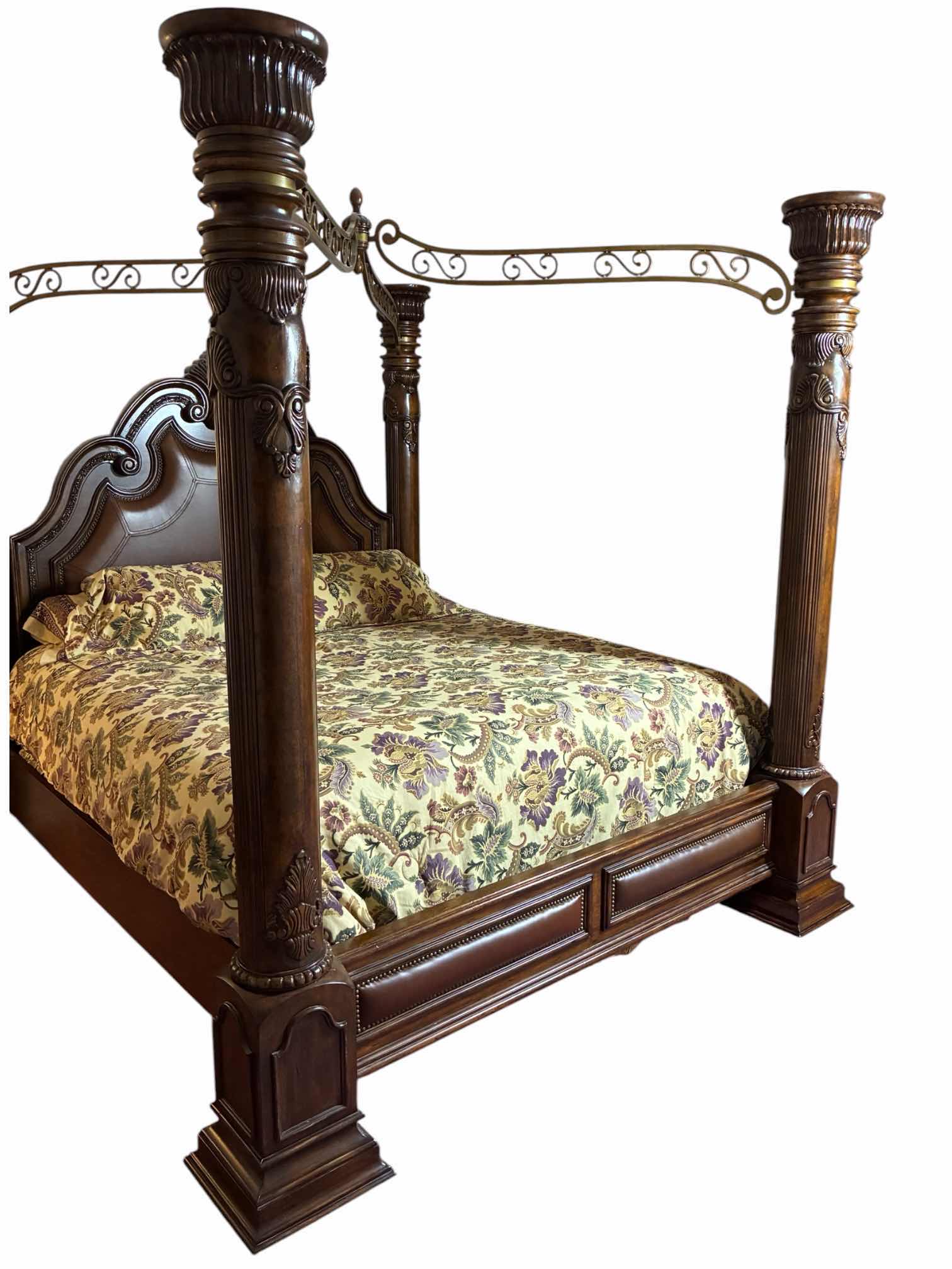 Photo 1 of MCFERRAN HOME FURNITURE MONACO EASTERN DARK CHERRY WOOD LEATHER INLAY KING CANOPY BED FRAME W BEDDING & BOX SPRING INCLUDED (READ NOTES) $3116