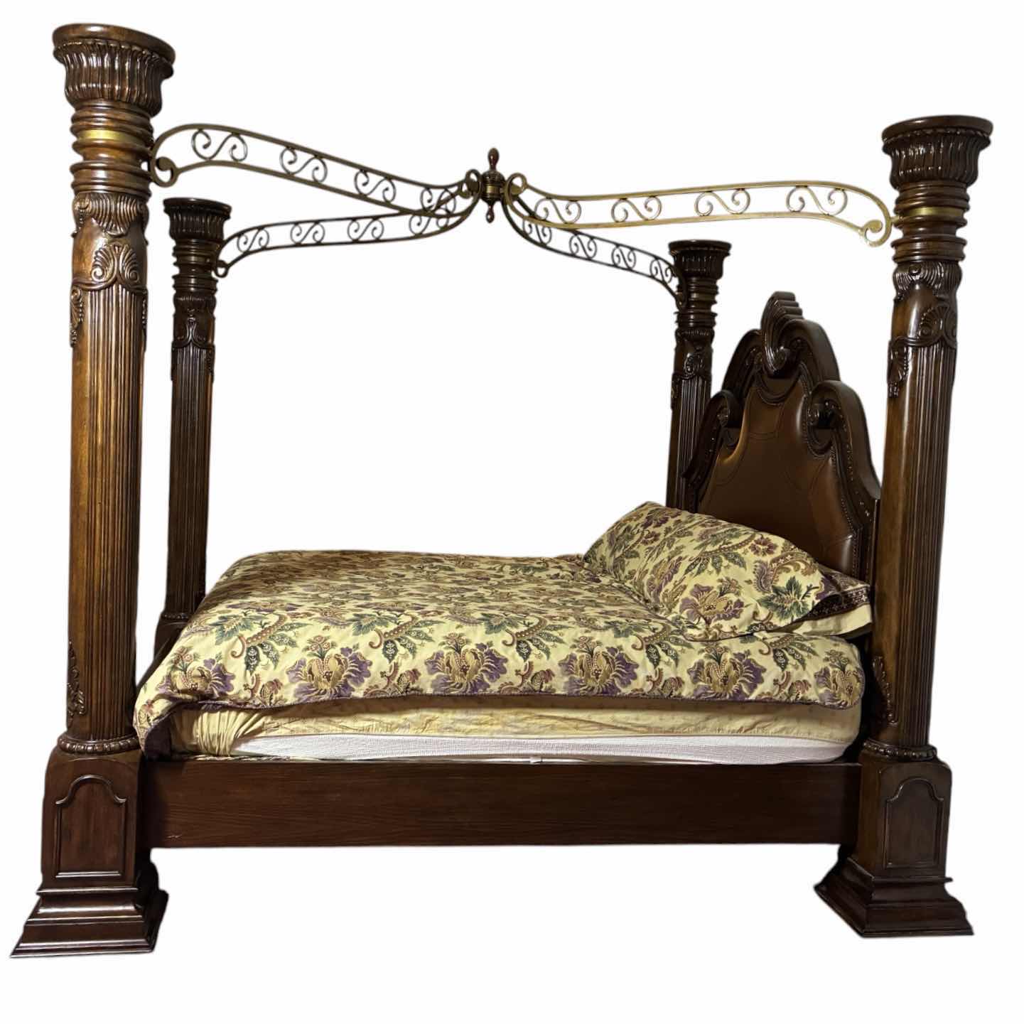 Photo 1 of MCFERRAN HOME FURNITURE MONACO EASTERN DARK CHERRY WOOD LEATHER INLAY KING CANOPY BED FRAME W BEDDING & BOX SPRING INCLUDED (READ NOTES) $3116