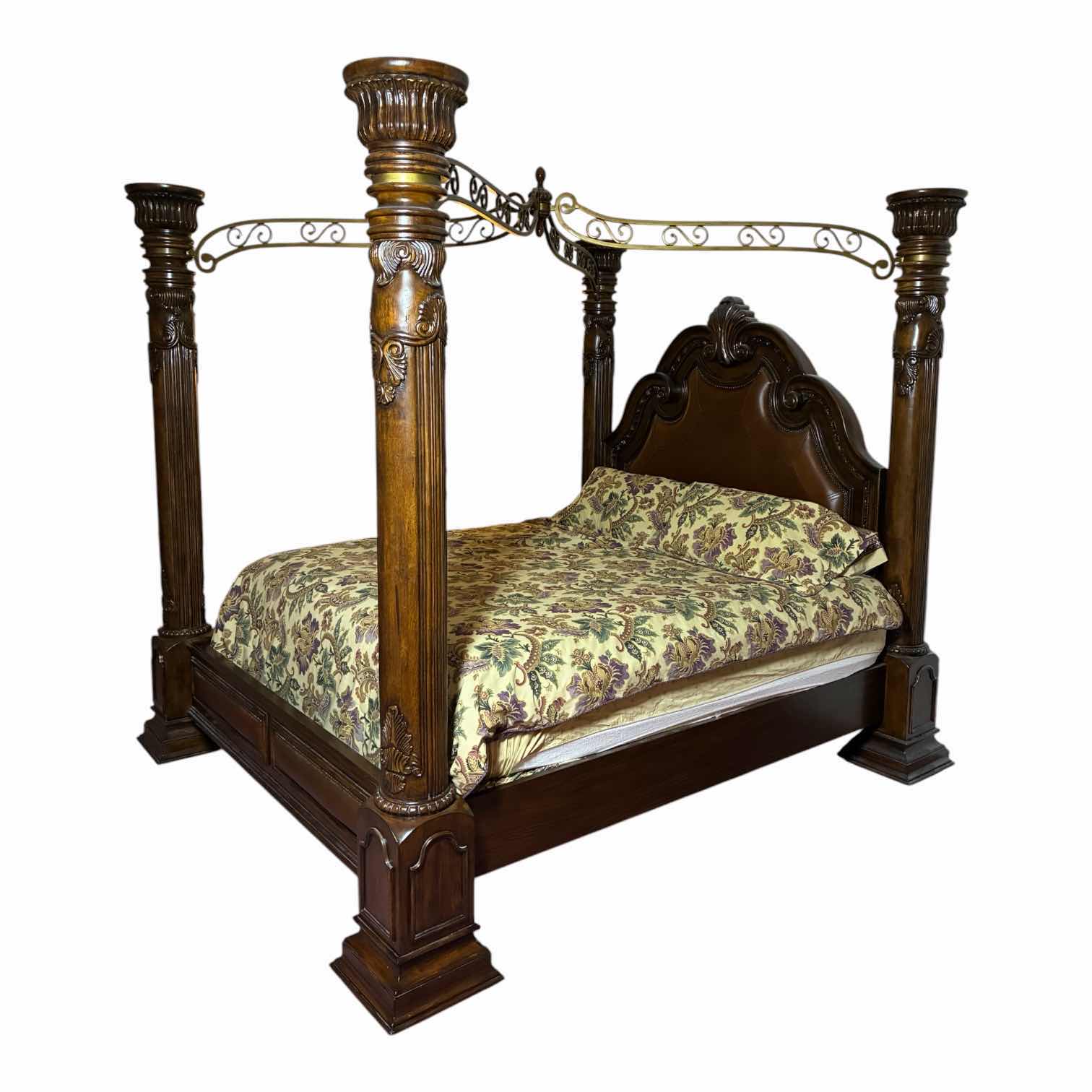 Photo 1 of MCFERRAN HOME FURNITURE MONACO EASTERN DARK CHERRY WOOD LEATHER INLAY KING CANOPY BED FRAME W BEDDING & BOX SPRING INCLUDED (READ NOTES) $3116