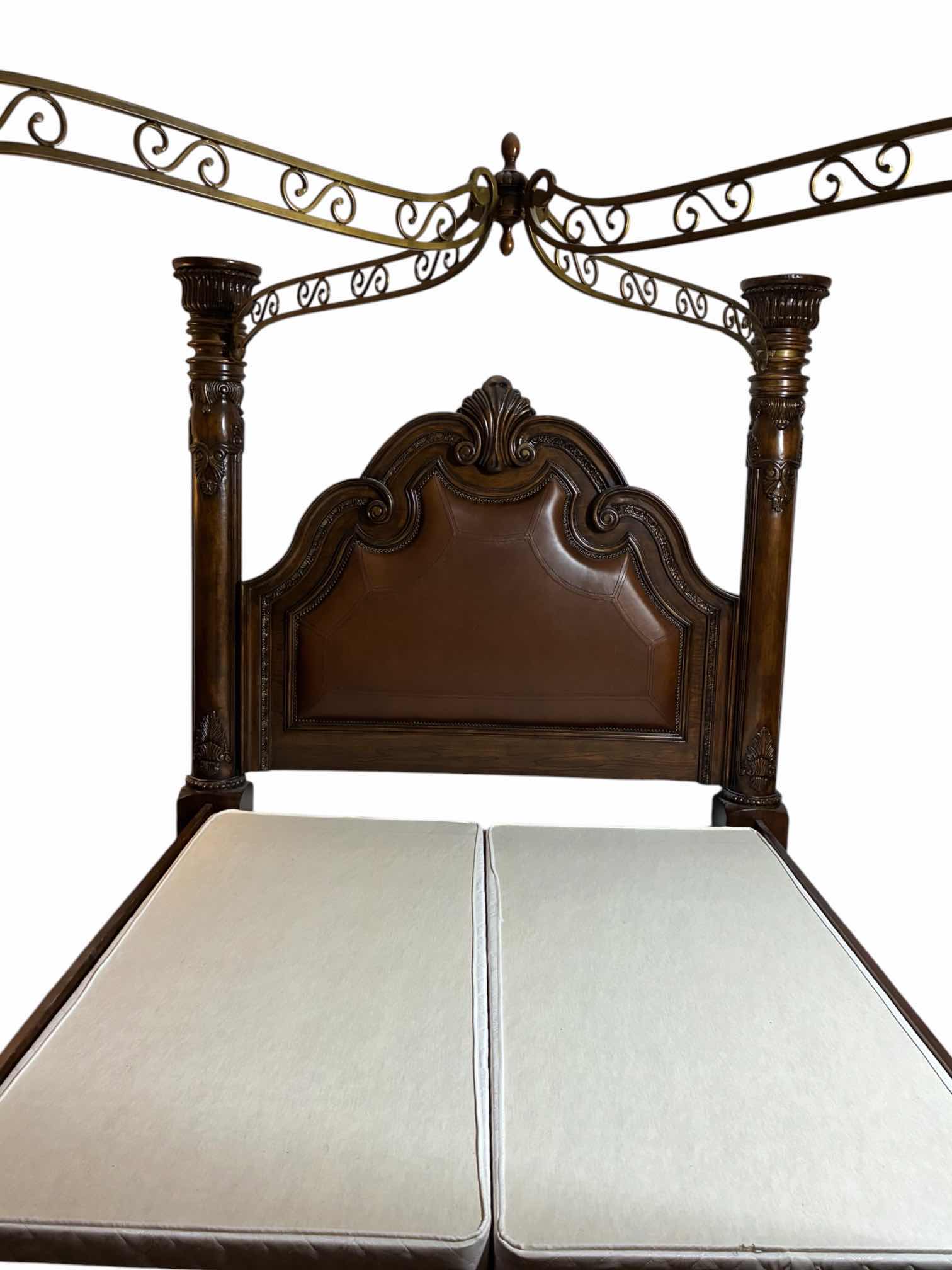 Photo 1 of MCFERRAN HOME FURNITURE MONACO EASTERN DARK CHERRY WOOD LEATHER INLAY KING CANOPY BED FRAME W BEDDING & BOX SPRING INCLUDED (READ NOTES) $3116