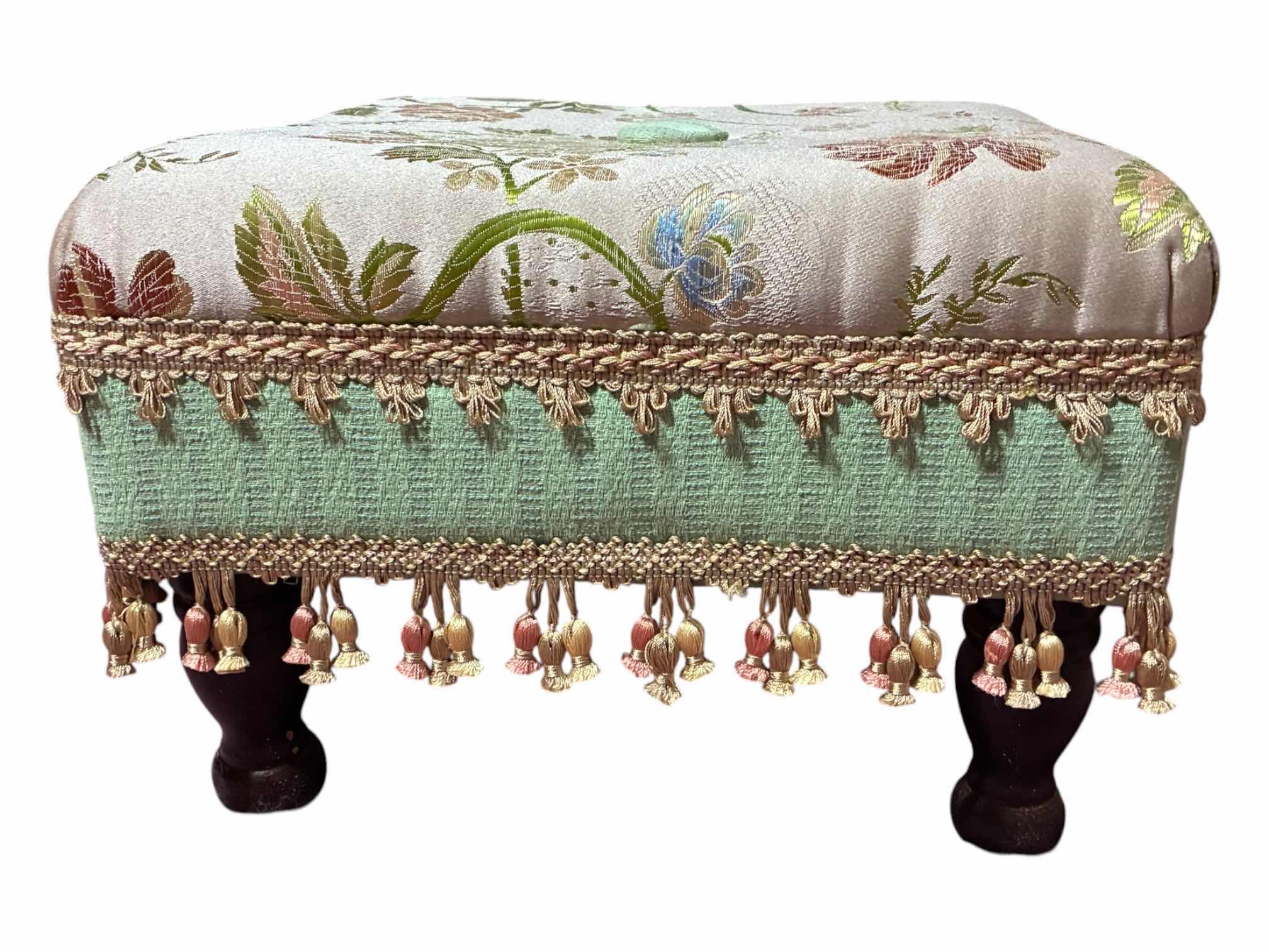 Photo 1 of FLORAL POLYESTER THREADED UPHOLSTERED FOOTSTOOL 14“ X 14“ H9.5“