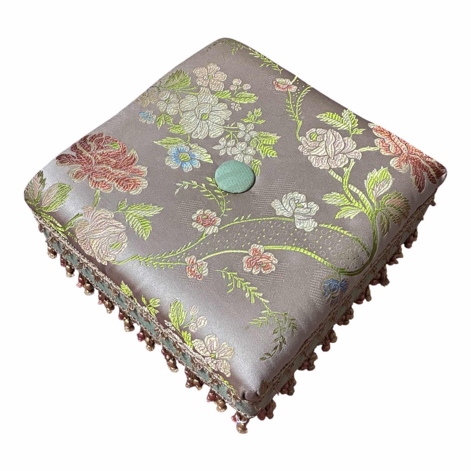 Photo 1 of FLORAL POLYESTER THREADED UPHOLSTERED FOOTSTOOL 14“ X 14“ H9.5“