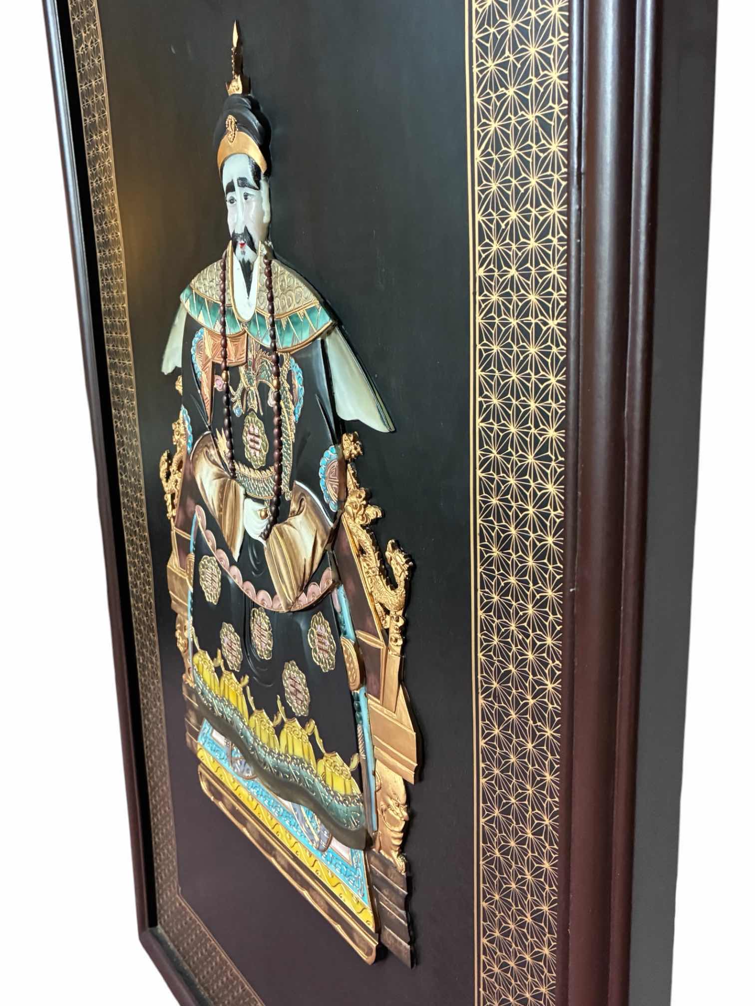 Photo 1 of CHINOISERIE HAND-PAINTED JADESTONE EMPEROR SOLID WOOD WALL PLAQUE ARTWORK 29.75“ X 1.5“ H48”