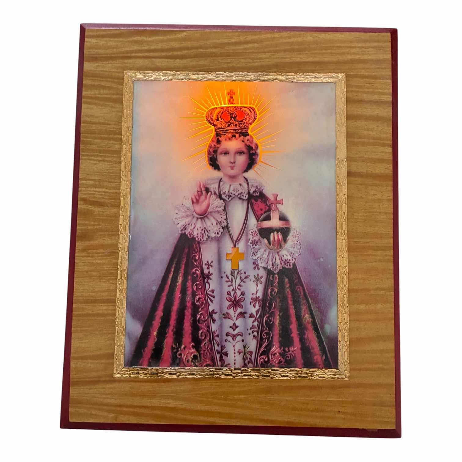 Photo 1 of INFANT JESUS OF PRAGUE WOOD LIGHT UP ARTWORK 12.5“ X 3” H14.5”