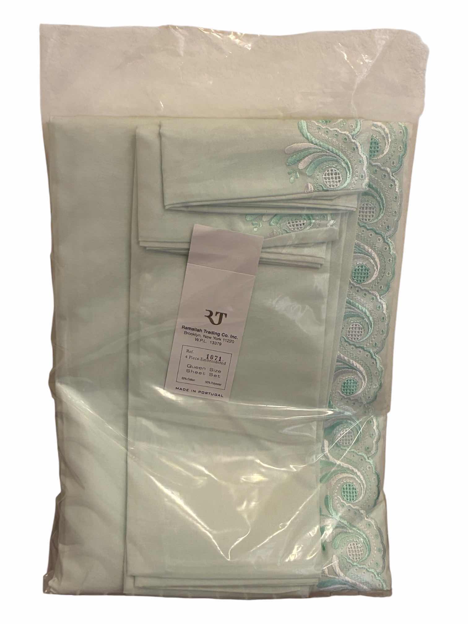 Photo 1 of RAMALLAH TRADING CO. TEAL 4PC QUEEN SIZE EMBROIDERED SHEET SET.