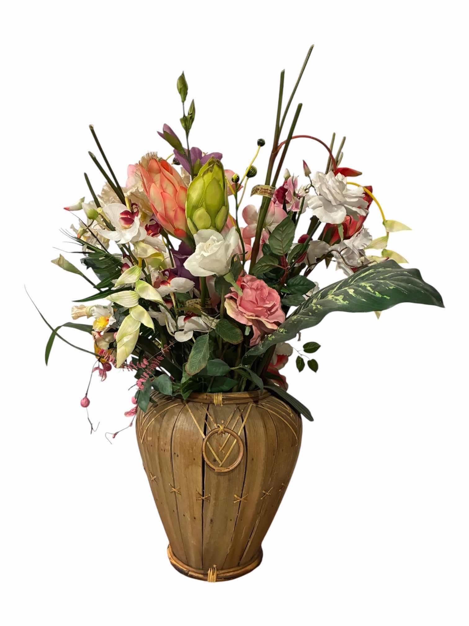 Photo 1 of DECORATIVE TROPICAL FLORAL ARRANGEMENT W HANDMADE WOODEN PLANTER POT 13” X 36”