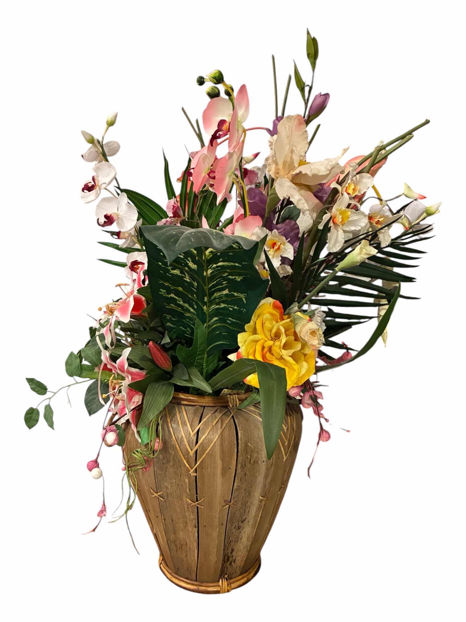 Photo 1 of DECORATIVE TROPICAL FLORAL ARRANGEMENT W HANDMADE WOODEN PLANTER POT 13” X 36”
