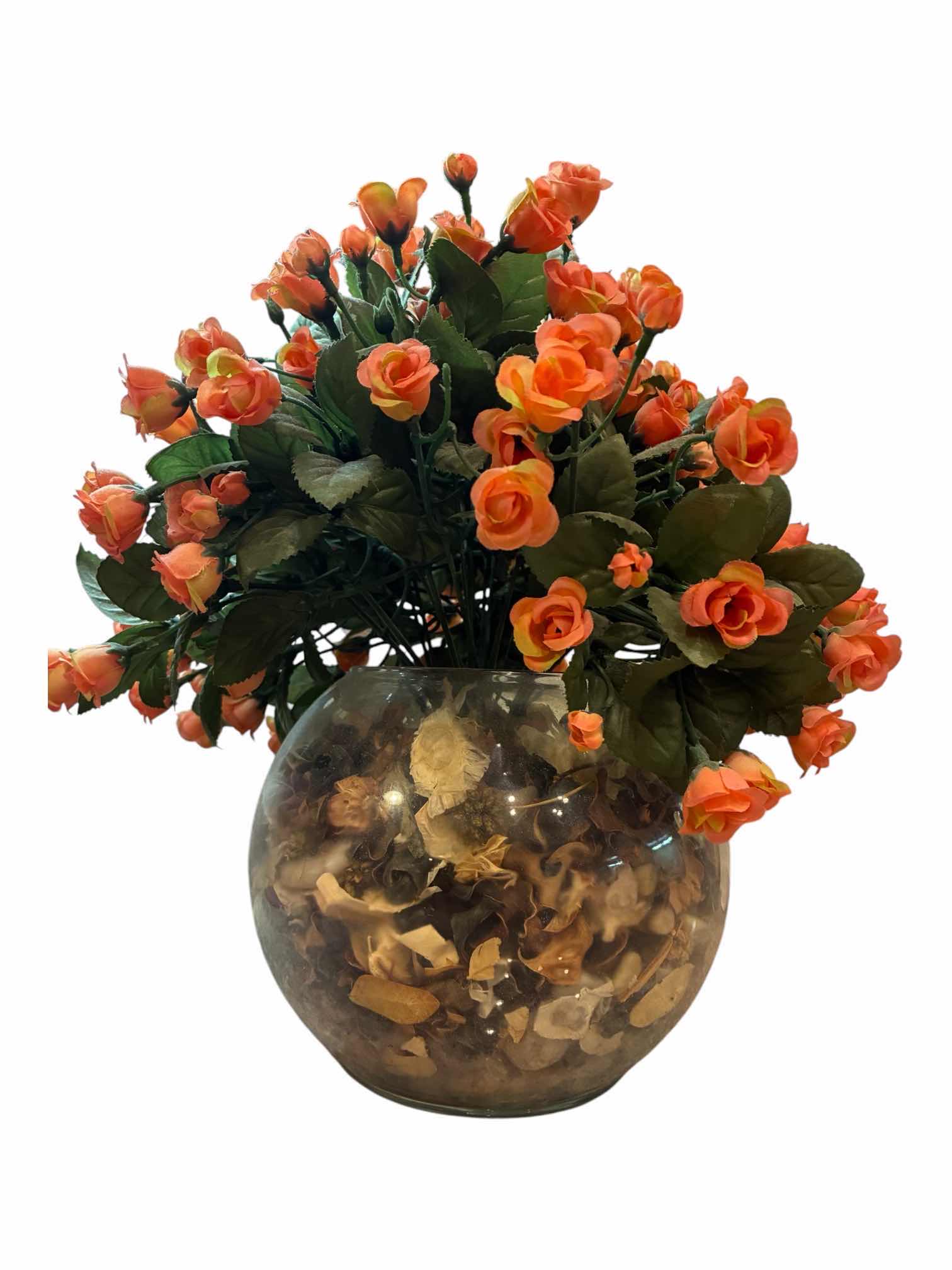 Photo 1 of DECORATIVE ORANGE ROSES RIVER ROCK CLEAR GLASS VASE 11“ X 14“