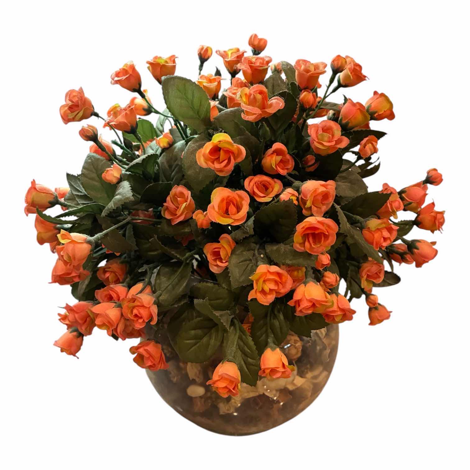 Photo 1 of DECORATIVE ORANGE ROSES RIVER ROCK CLEAR GLASS VASE 11“ X 14“
