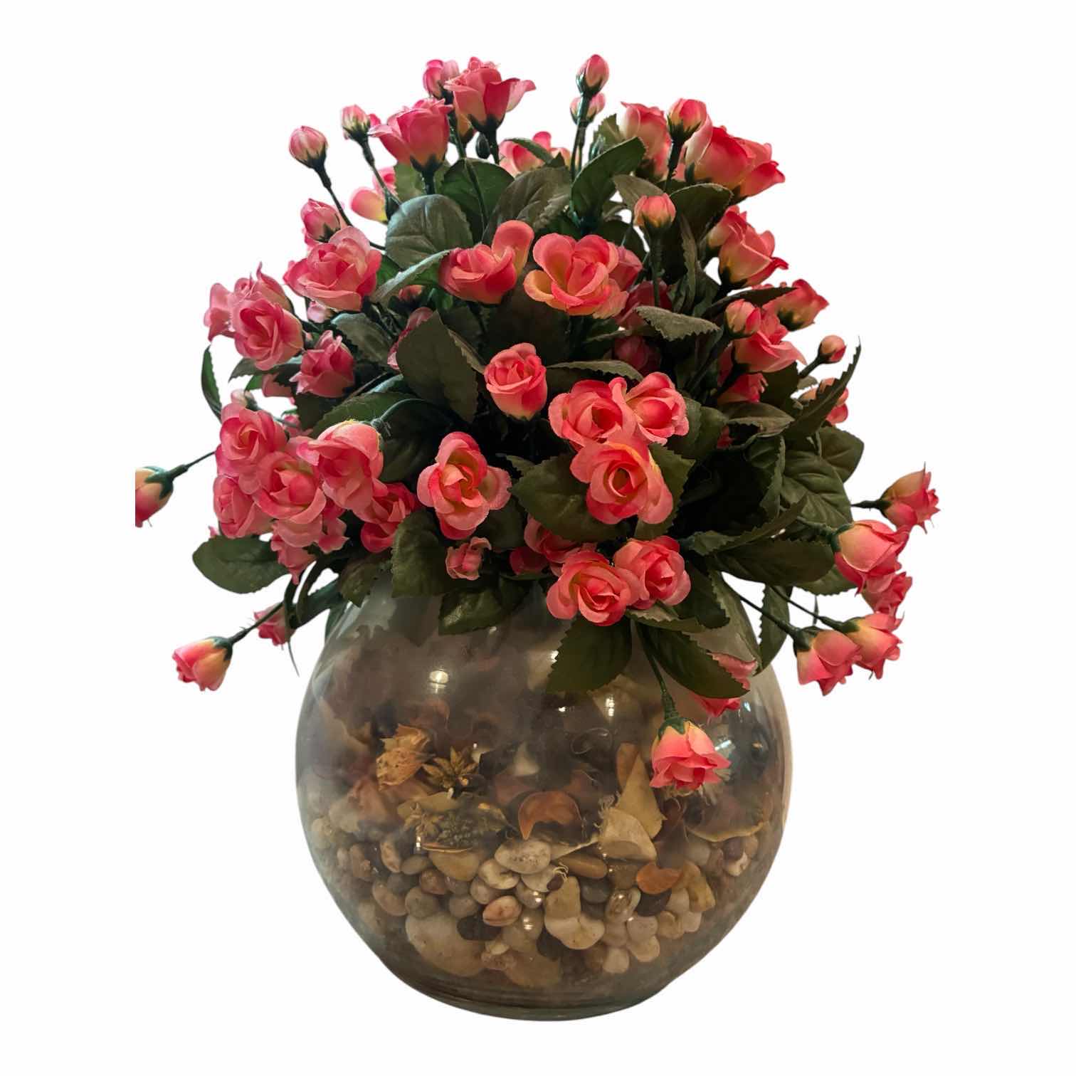 Photo 1 of DECORATIVE PINK ROSES RIVER ROCK CLEAR GLASS VASE 11“ X 14“