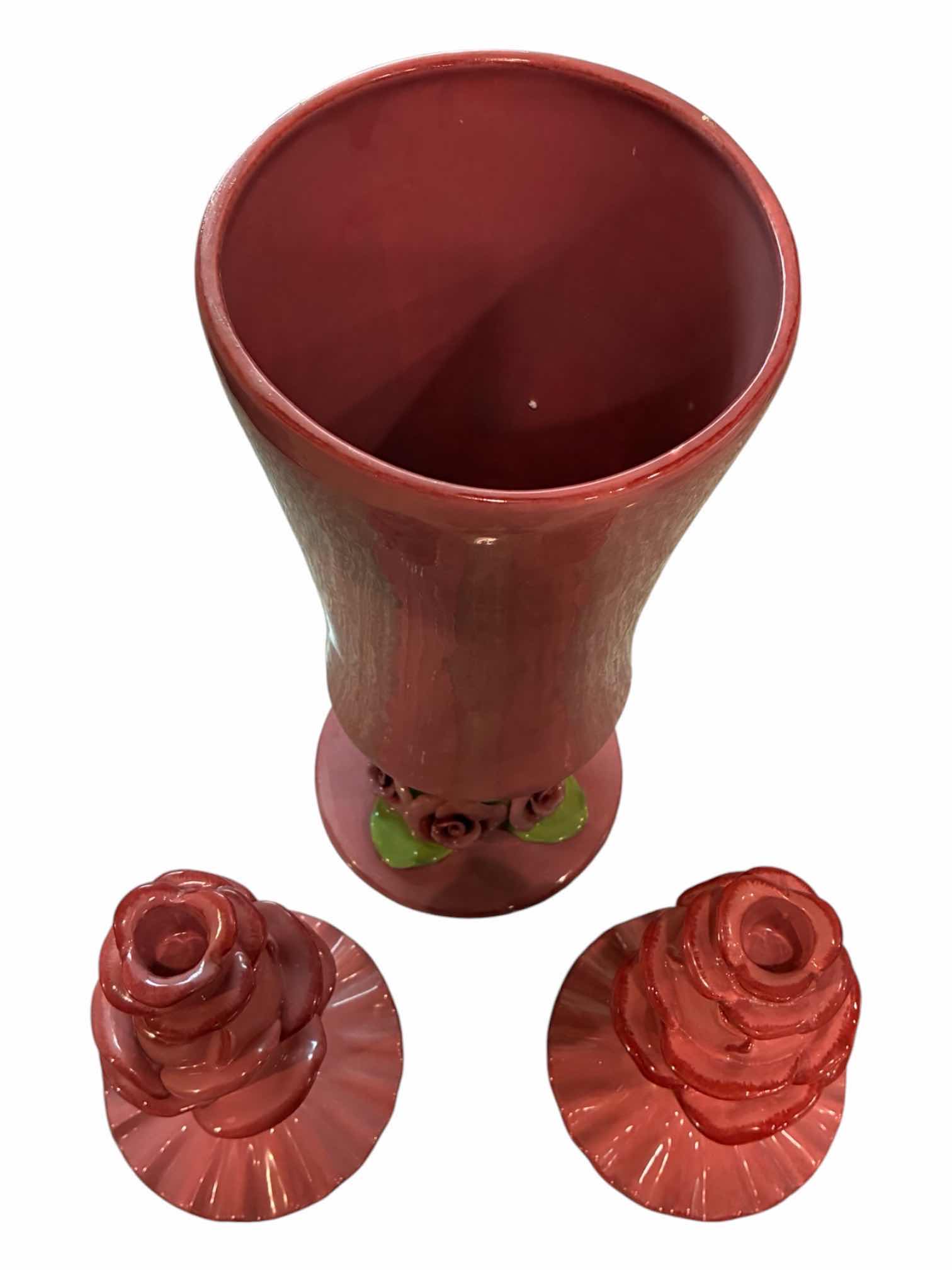 Photo 1 of BRENDA HOLZKE FOR MAGENTA ROSE VASE H15.5” W ROSE CANDLE SET H9.5”