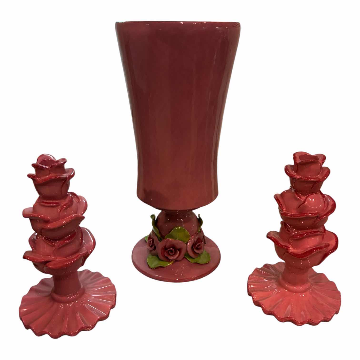 Photo 1 of BRENDA HOLZKE FOR MAGENTA ROSE VASE H15.5” W ROSE CANDLE SET H9.5”