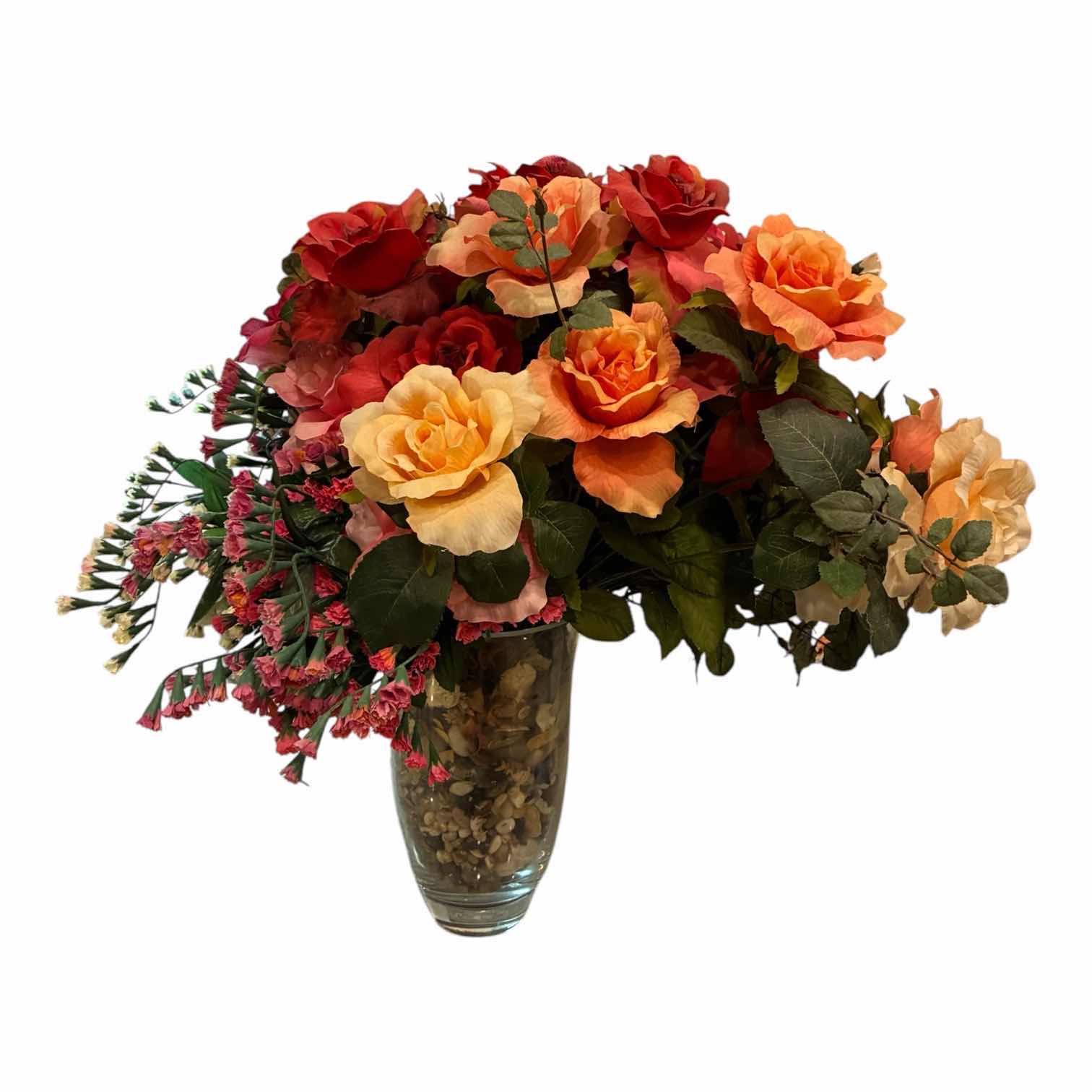 Photo 1 of ROSE VARIETY ARRANGEMENT RIVER ROCK CLEAR GLASS VASE 19” X 23”