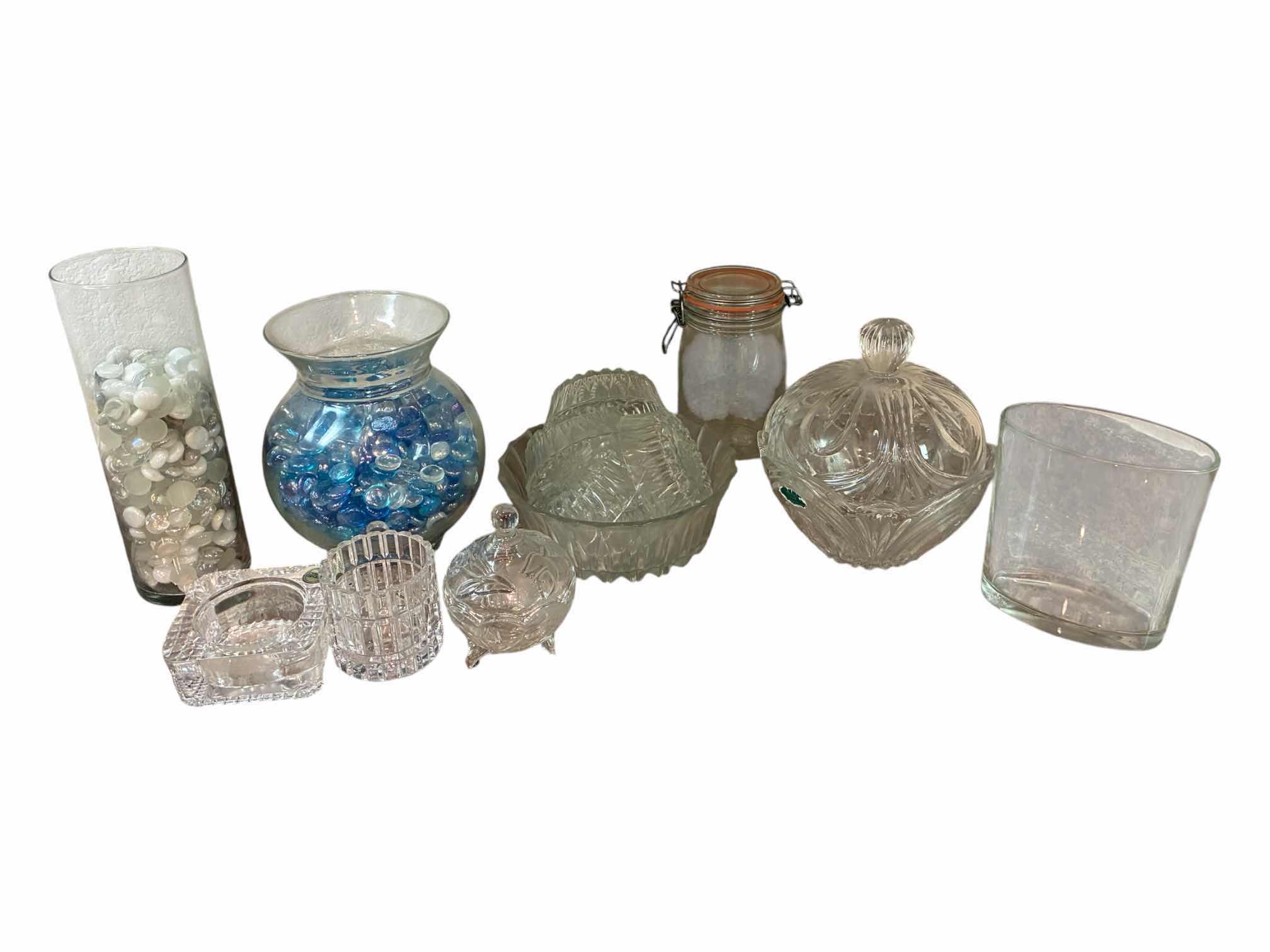 Photo 1 of DECORATIVE CLEAR GLASS VASES & DISHES (14)