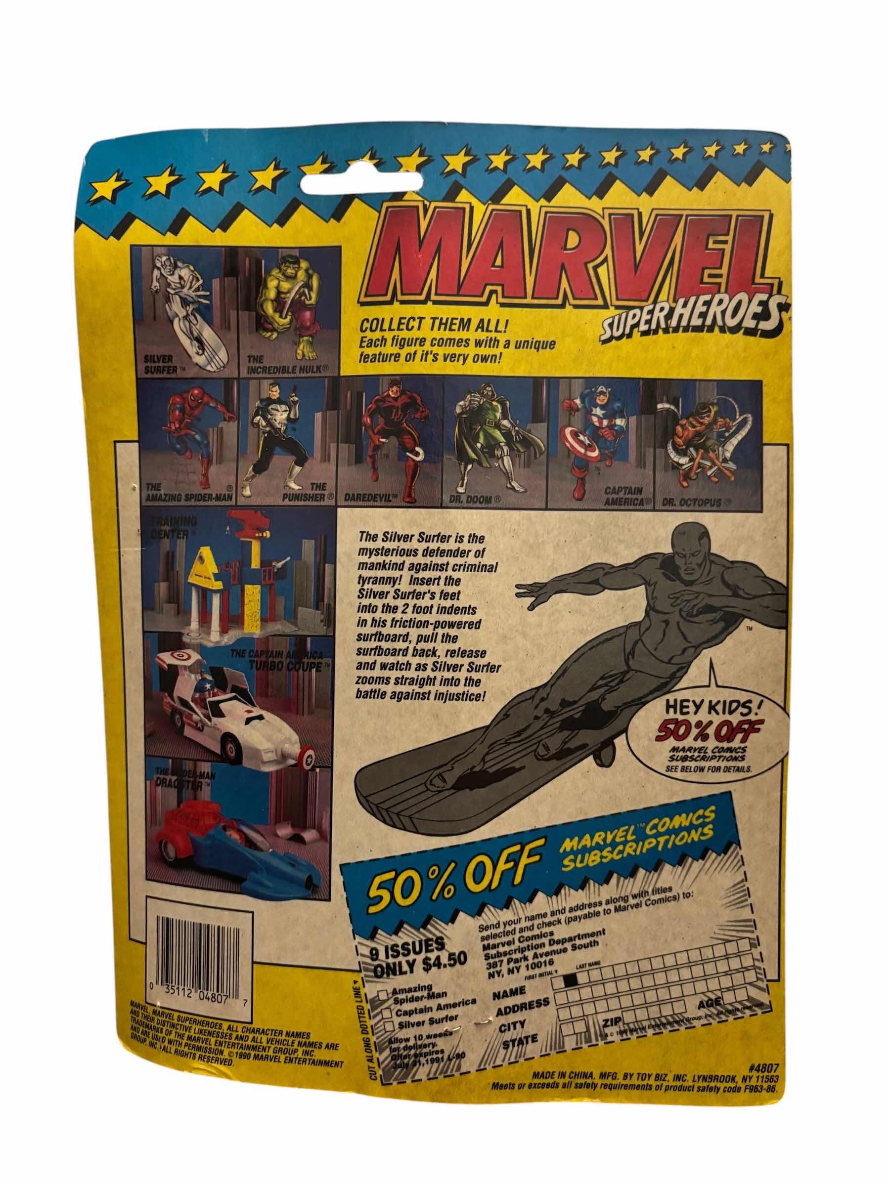 Photo 1 of 1990 TOY BIZ MARVEL SUPERHEROES SILVER SURFER ACTION FIGURE W PULL BACK & RELEASE ACTION SURFBOARD
