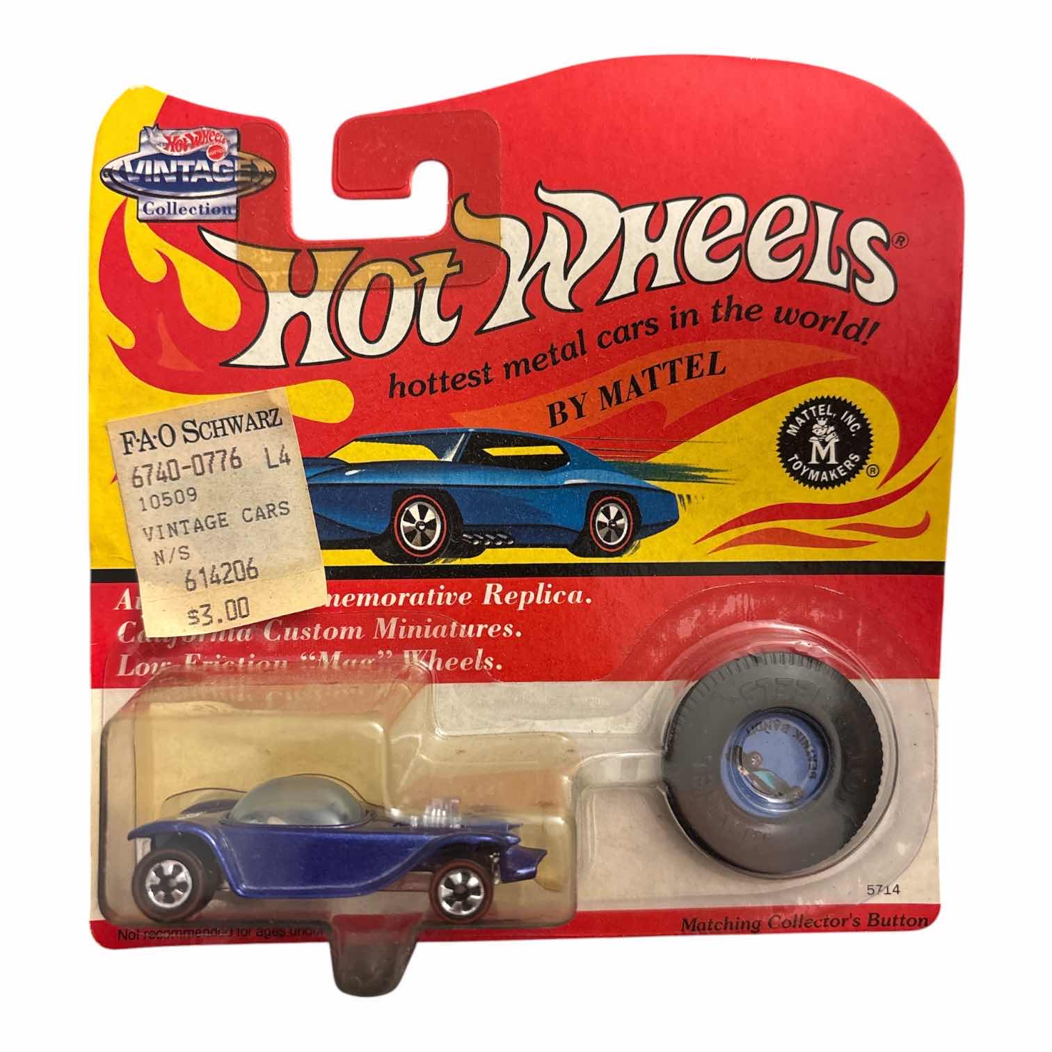 Photo 1 of 1993 MATTEL HOT WHEELS VINTAGE COLLECTION DIE-CAST AUTHENTIC REPLICA BEATNIK BANDIT W MATCHING COLLECTORS BUTTON (5714/BLUE)