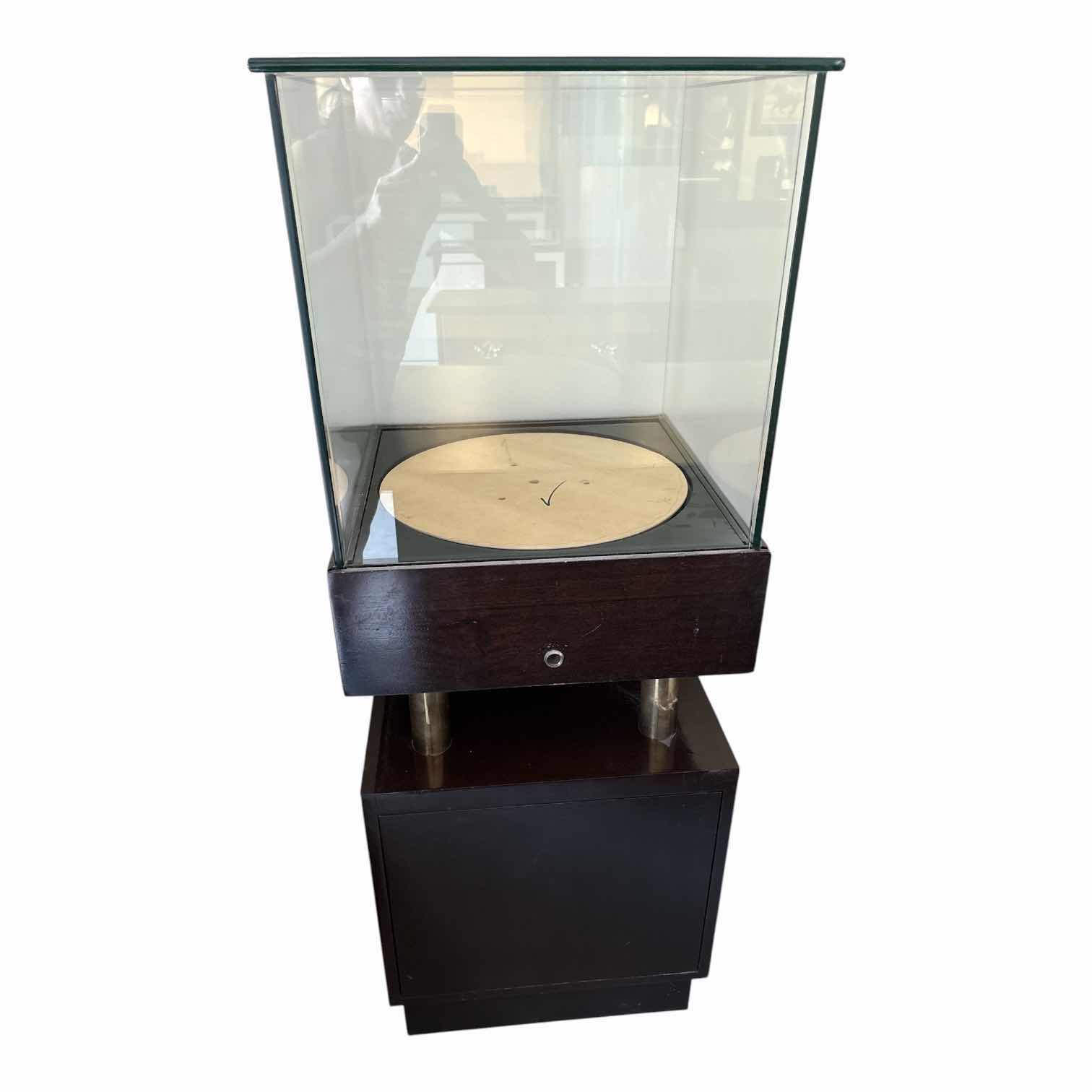 Photo 1 of RETAIL DARK BROWN DISPLAY CASE GLASS ENCASED ON GOLD ACCENT PILLARS 18.25”X18.25”H51.5”