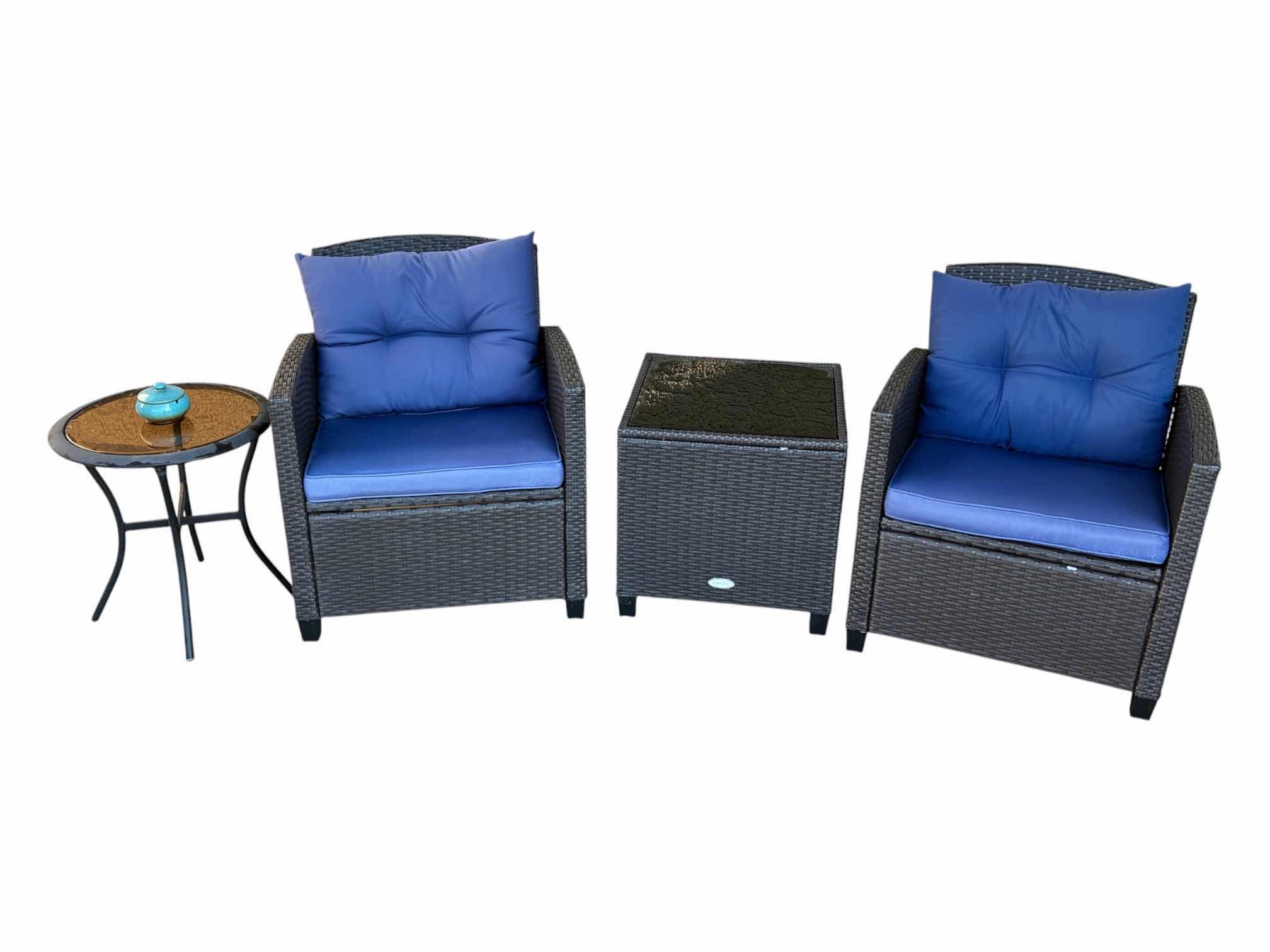 Photo 1 of PATIOJOY OUTDOOR RATTAN 3PC DARK BROWN PATIO SET W BLUE CUSHIONS & ROUND GLASS TOP SIDE TABLE $170