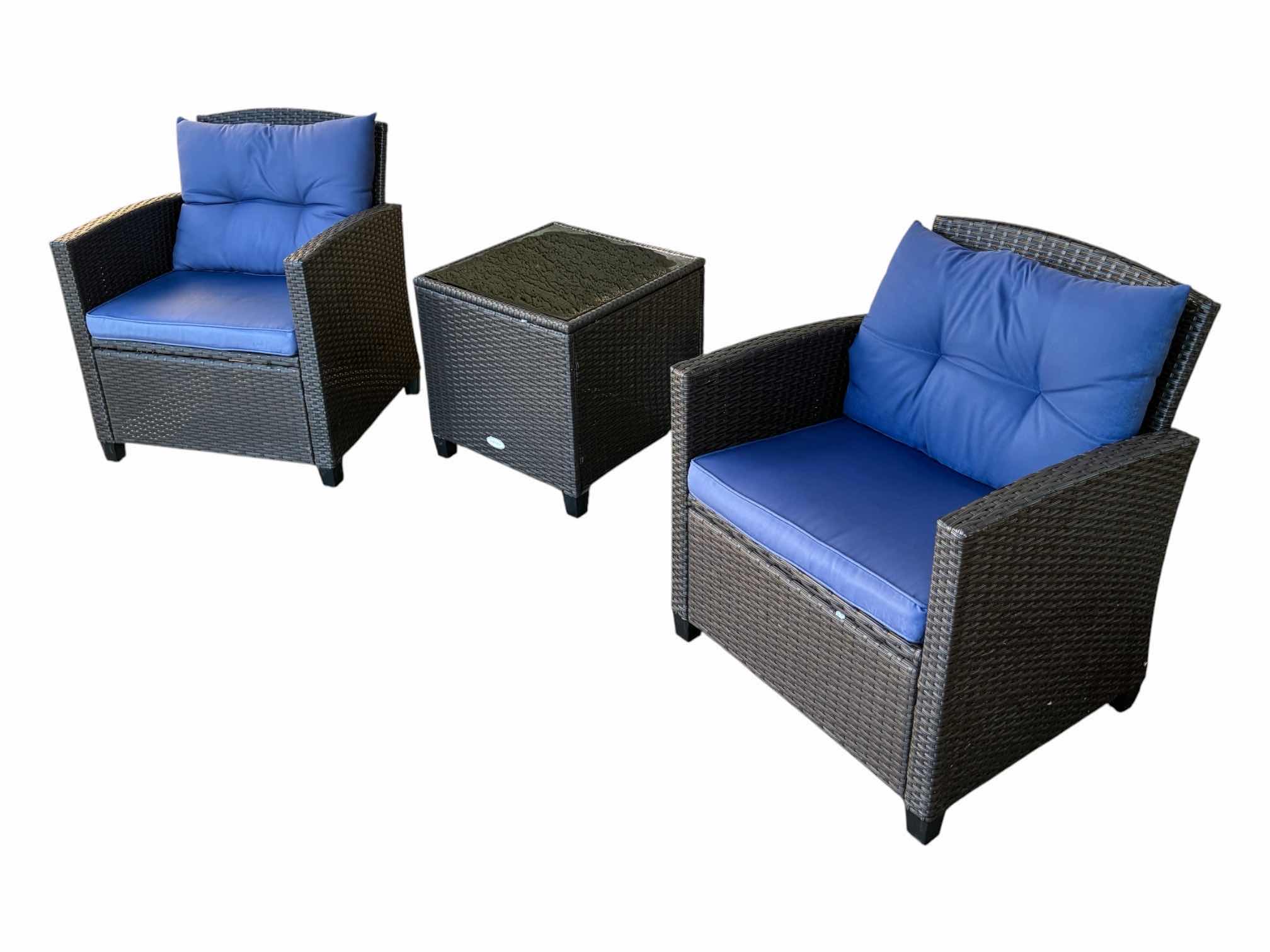 Photo 1 of PATIOJOY OUTDOOR RATTAN 3PC DARK BROWN PATIO SET W BLUE CUSHIONS & ROUND GLASS TOP SIDE TABLE $170
