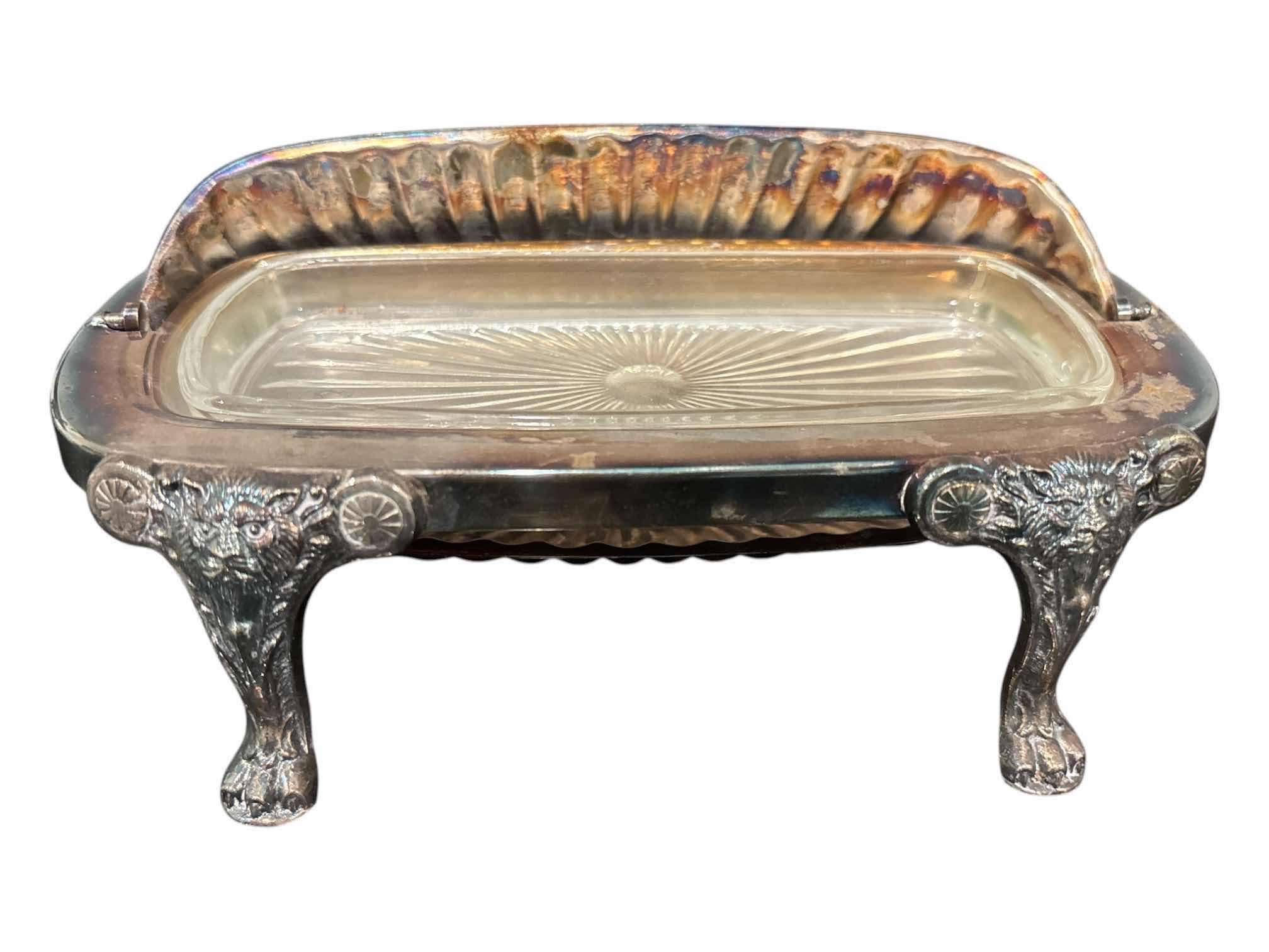 Photo 1 of F.B. ROGERS SILVER-PLATED 5 PC SET- 2 TIER DISH,  BUTTER SERVER W GLASS INLAY BUTTER DISH & GRAVY BOAT W SAUCER