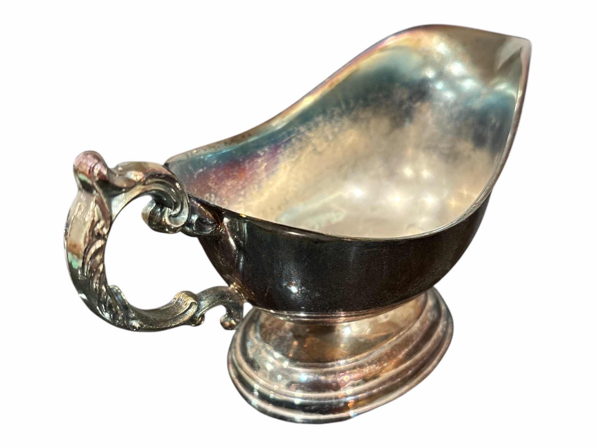 Photo 1 of F.B. ROGERS SILVER-PLATED 5 PC SET- 2 TIER DISH,  BUTTER SERVER W GLASS INLAY BUTTER DISH & GRAVY BOAT W SAUCER