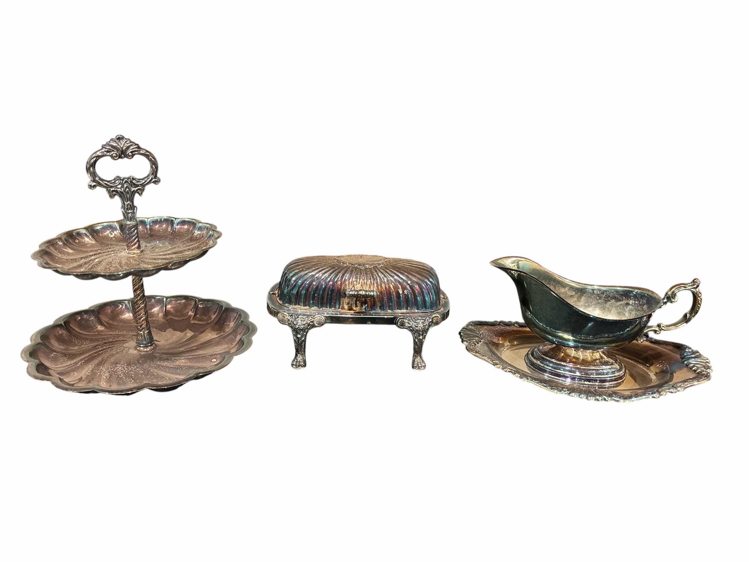Photo 1 of F.B. ROGERS SILVER-PLATED 5 PC SET- 2 TIER DISH,  BUTTER SERVER W GLASS INLAY BUTTER DISH & GRAVY BOAT W SAUCER