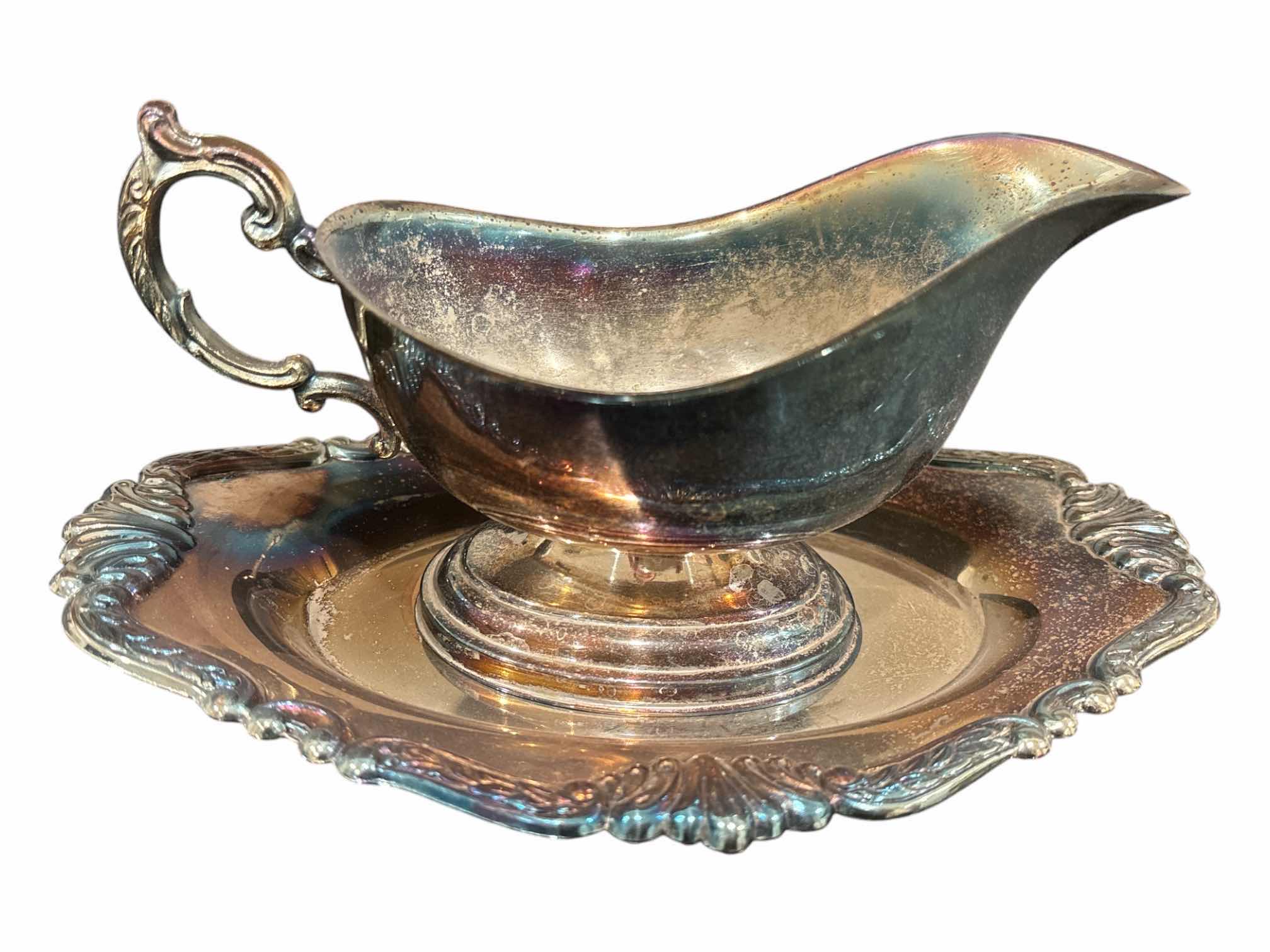 Photo 1 of F.B. ROGERS SILVER-PLATED 5 PC SET- 2 TIER DISH,  BUTTER SERVER W GLASS INLAY BUTTER DISH & GRAVY BOAT W SAUCER