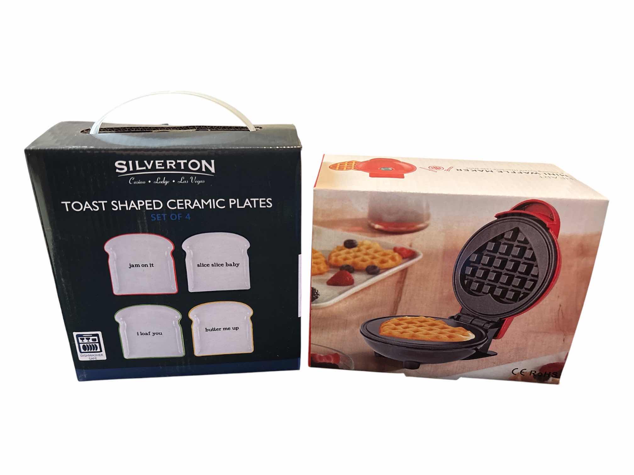 Photo 1 of SILVERTON 4 PC TOAST SHAPED CERAMIC PLATES & 4” MINI HEART NON-STICK WAFFLE MAKER