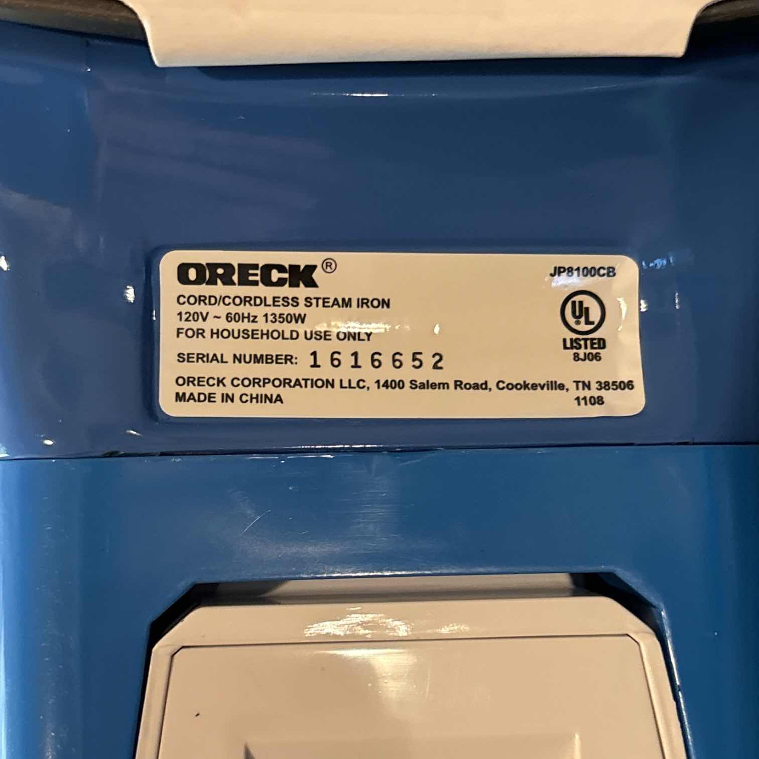 Photo 1 of ORECK CORD/CORDLESS STEAM IRON JP8100CB