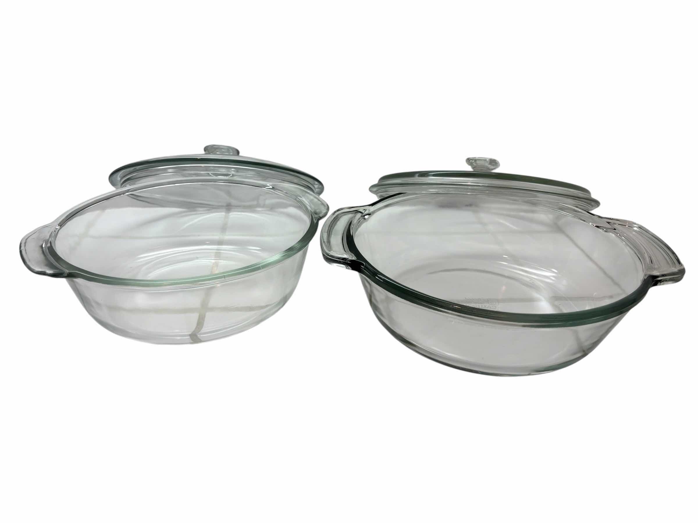 Photo 1 of VINTAGE ANCHOR OVENWARE CLEAR 2 QT ROUND CASSEROLE DISH W LID & ANCHOR HOCKING FIRE KING CLEAR 1.5 QT ROUND CASSEROLE DISH W LID $75