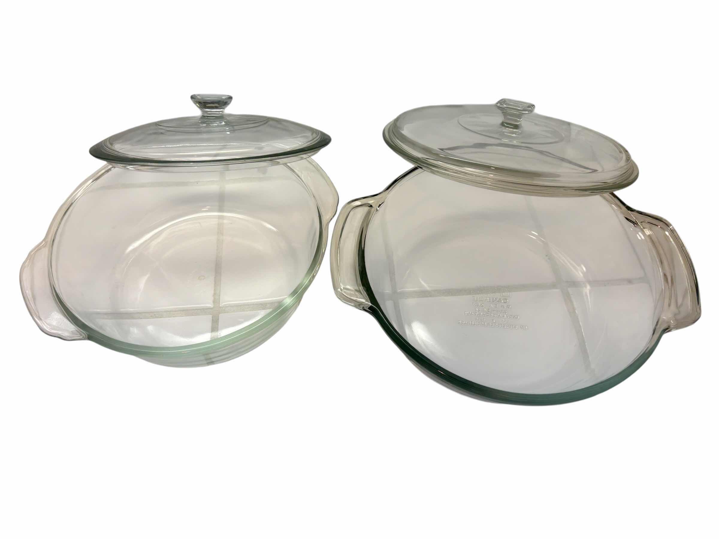 Photo 1 of VINTAGE ANCHOR OVENWARE CLEAR 2 QT ROUND CASSEROLE DISH W LID & ANCHOR HOCKING FIRE KING CLEAR 1.5 QT ROUND CASSEROLE DISH W LID $75