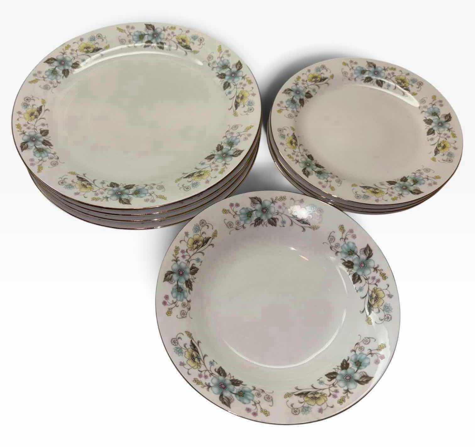 Photo 1 of VINTAGE FLORAL CHINA 12 PC PORCELAIN 10.25” DINNER PLATE, 8” SALAD PLATE & 8” SOUP BOWL SET W GOLD TRIM