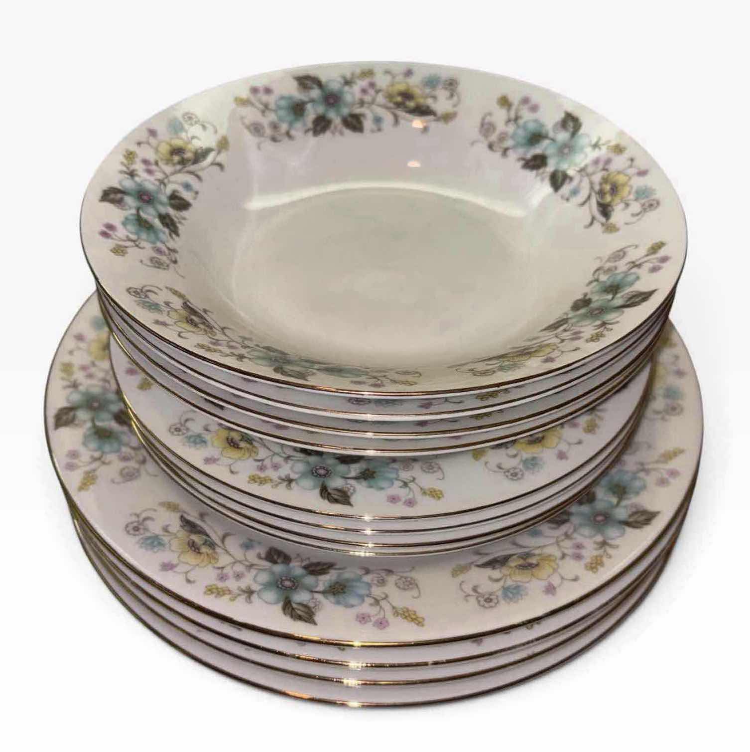 Photo 1 of VINTAGE FLORAL CHINA 12 PC PORCELAIN 10.25” DINNER PLATE, 8” SALAD PLATE & 8” SOUP BOWL SET W GOLD TRIM